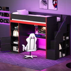 Gaming Loft Bed with Desk and Storage,LED Lights, Twin