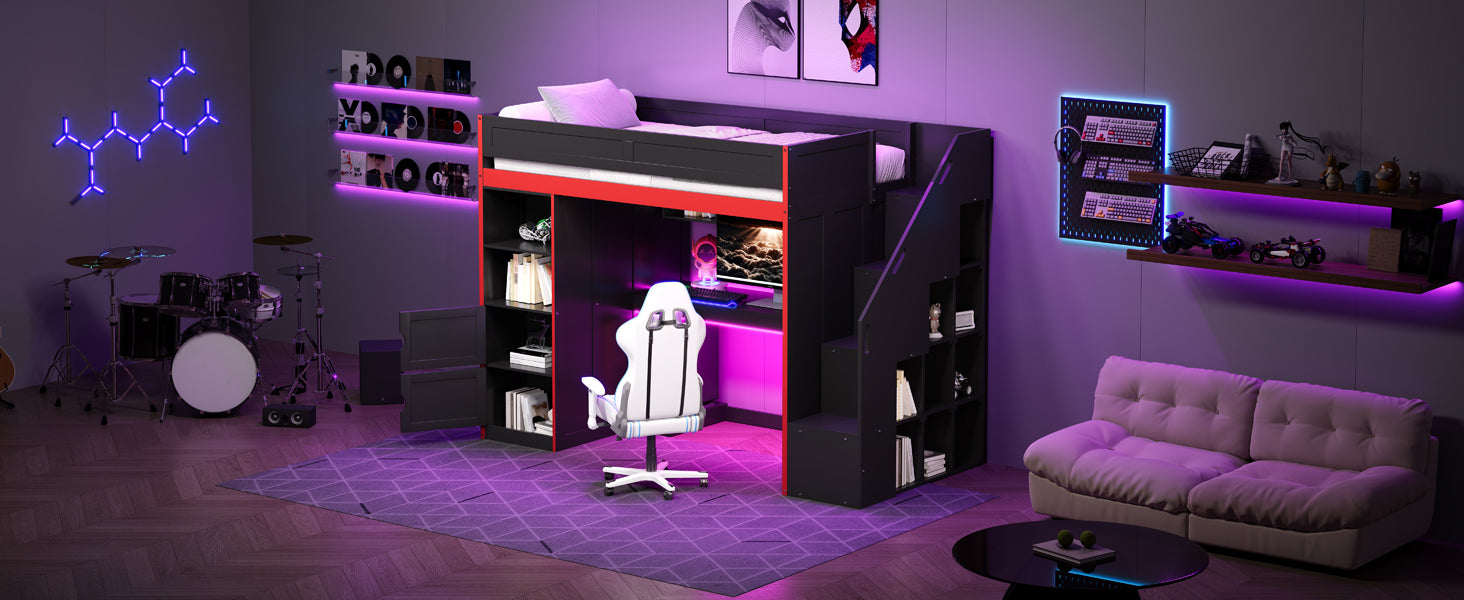 Gaming Loft Bed with Desk and Storage,LED Lights, Twin
