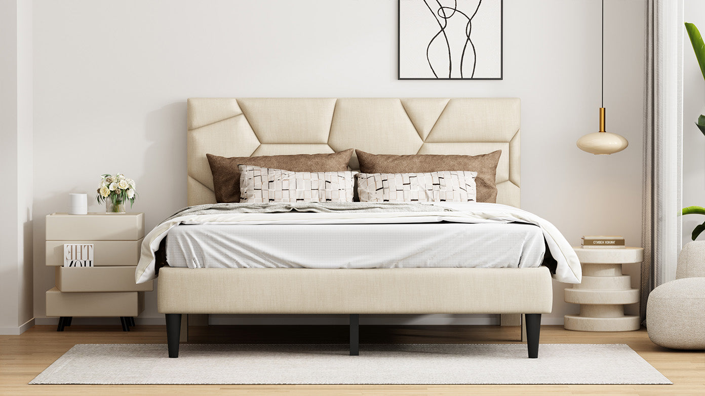 Queen Bed Frame, linen storage headboard, strong and stable, no noise, no box spring, easy to assemble (Beige)