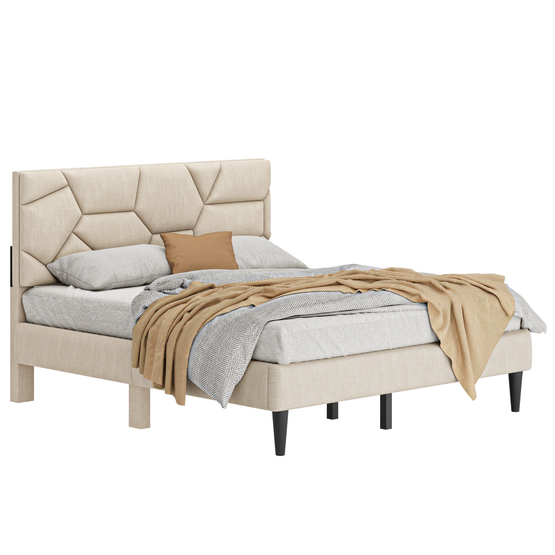 Queen Bed Frame, linen storage headboard, strong and stable, no noise, no box spring, easy to assemble (Beige)