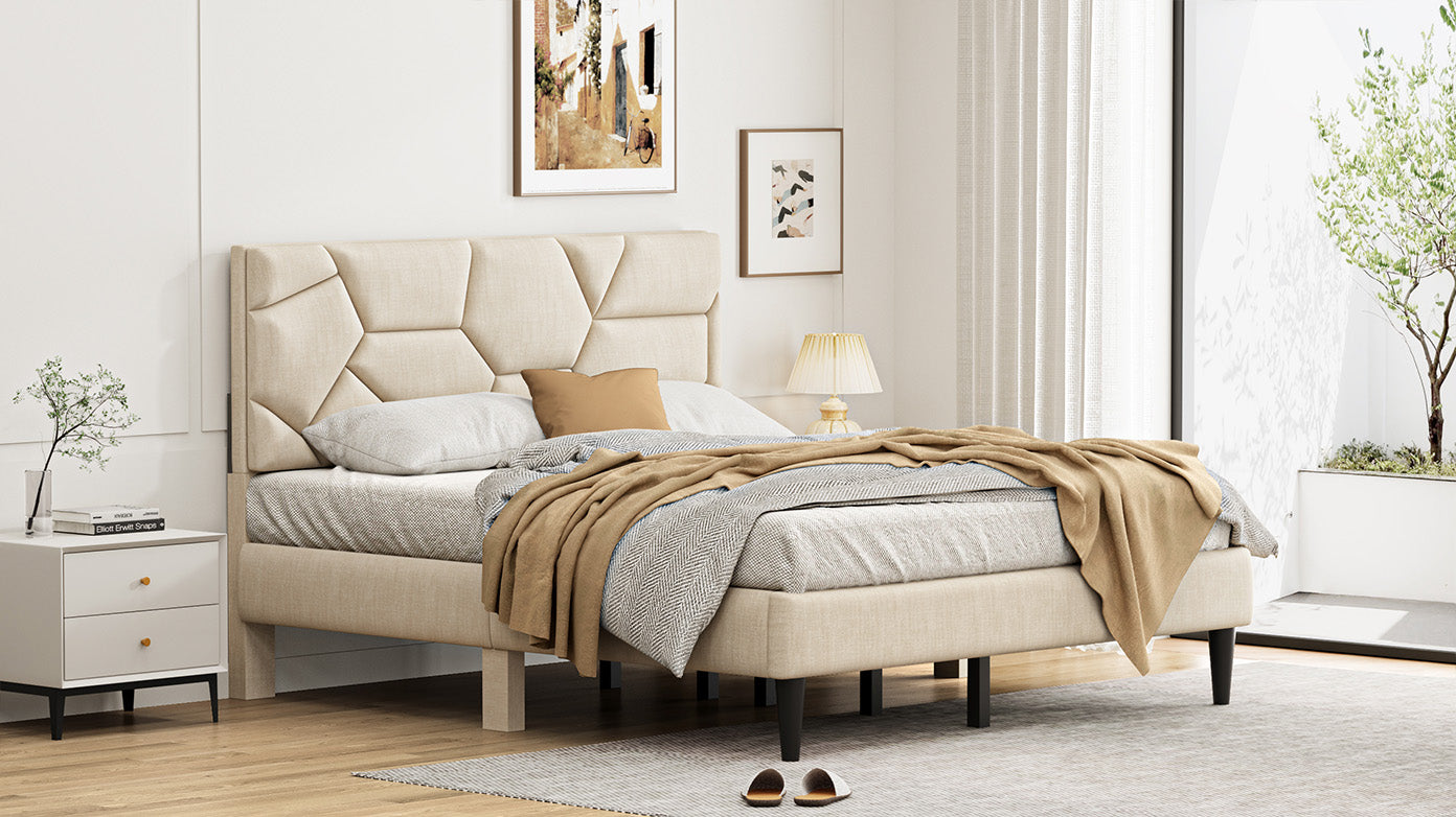 Queen Bed Frame, linen storage headboard, strong and stable, no noise, no box spring, easy to assemble (Beige)