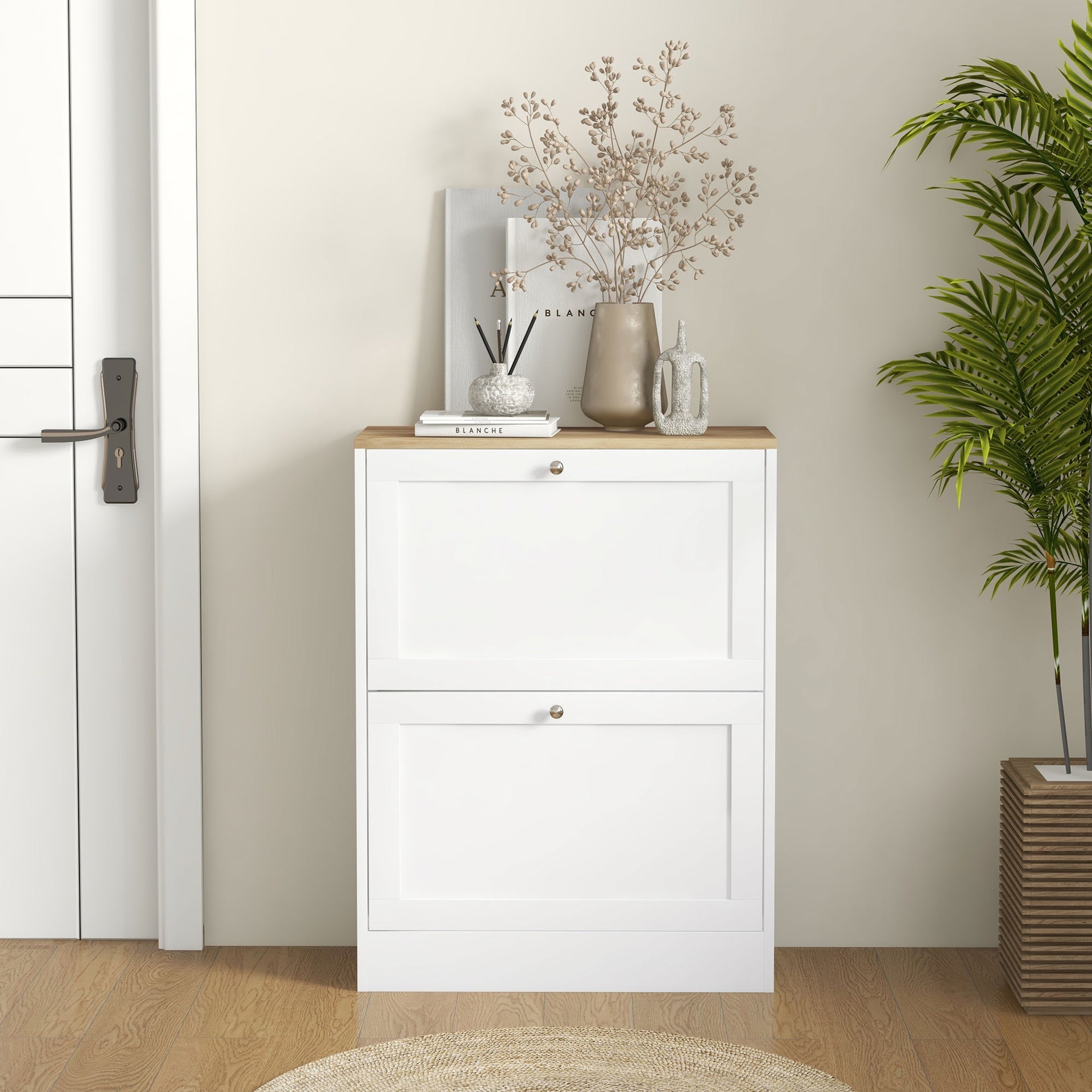 HOMCOM Slim Shoe Cabinet for Entryway, Modern Hidden Shoe Storage Cabinet with 2 Flip Drawers and Adjustable Shelves for 12 Pairs of Shoes, White