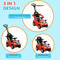Qaba Push Car for Kids 1-3 Years, 3 in 1 Ride on Sliding Car, Foot to Floor Baby Push Car with Removable Handle, Music, Horn, Canopy, Safety Guardrail for Boys and Girls, Red