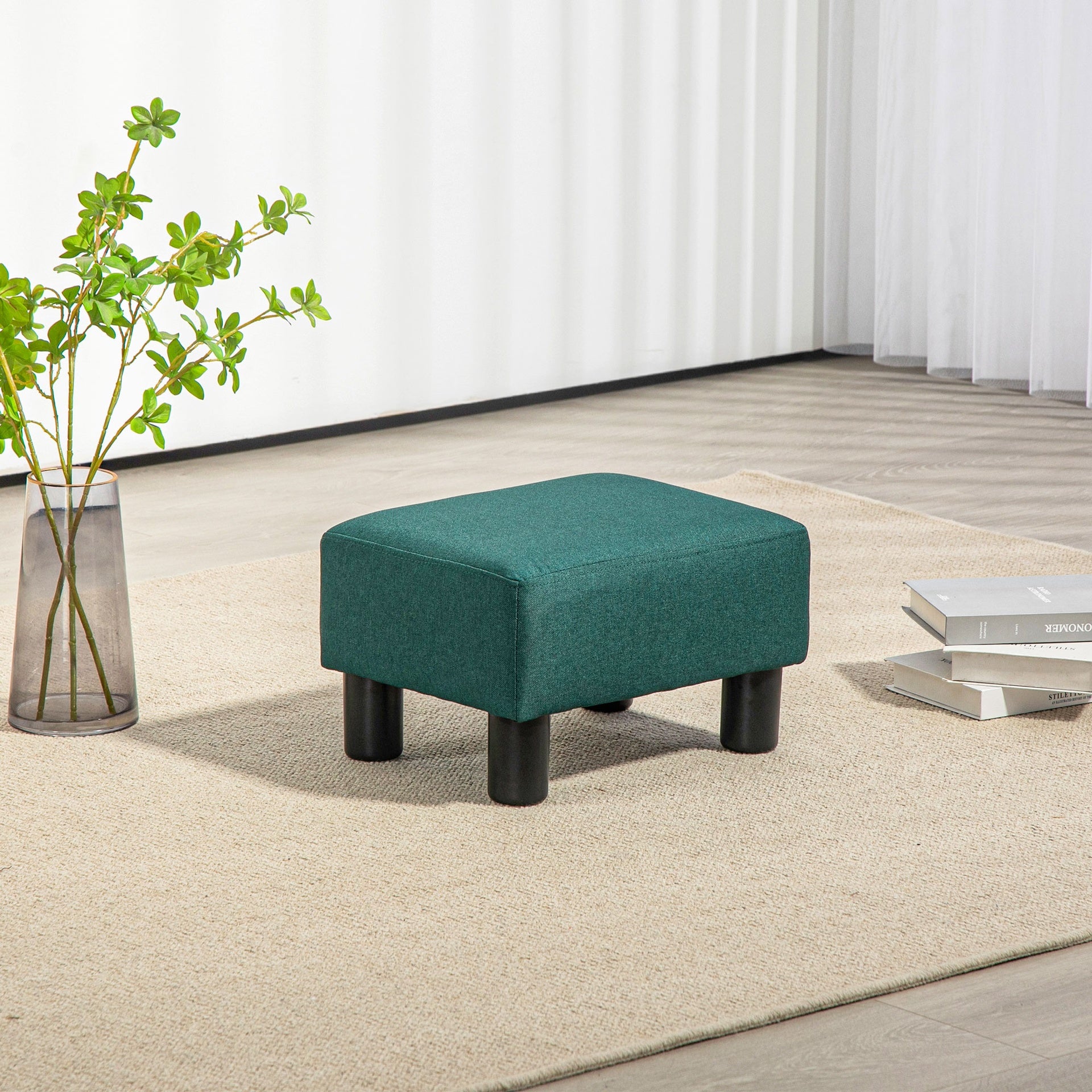 HOMCOM Ottoman Foot Rest, Small Foot Stool with Linen Fabric Upholstery and Plastic Legs, Cube Ottoman for Living Room, Green