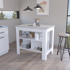 Kitchen Island Dozza, Three Shelves, White / Ibiza Marble Color Finish