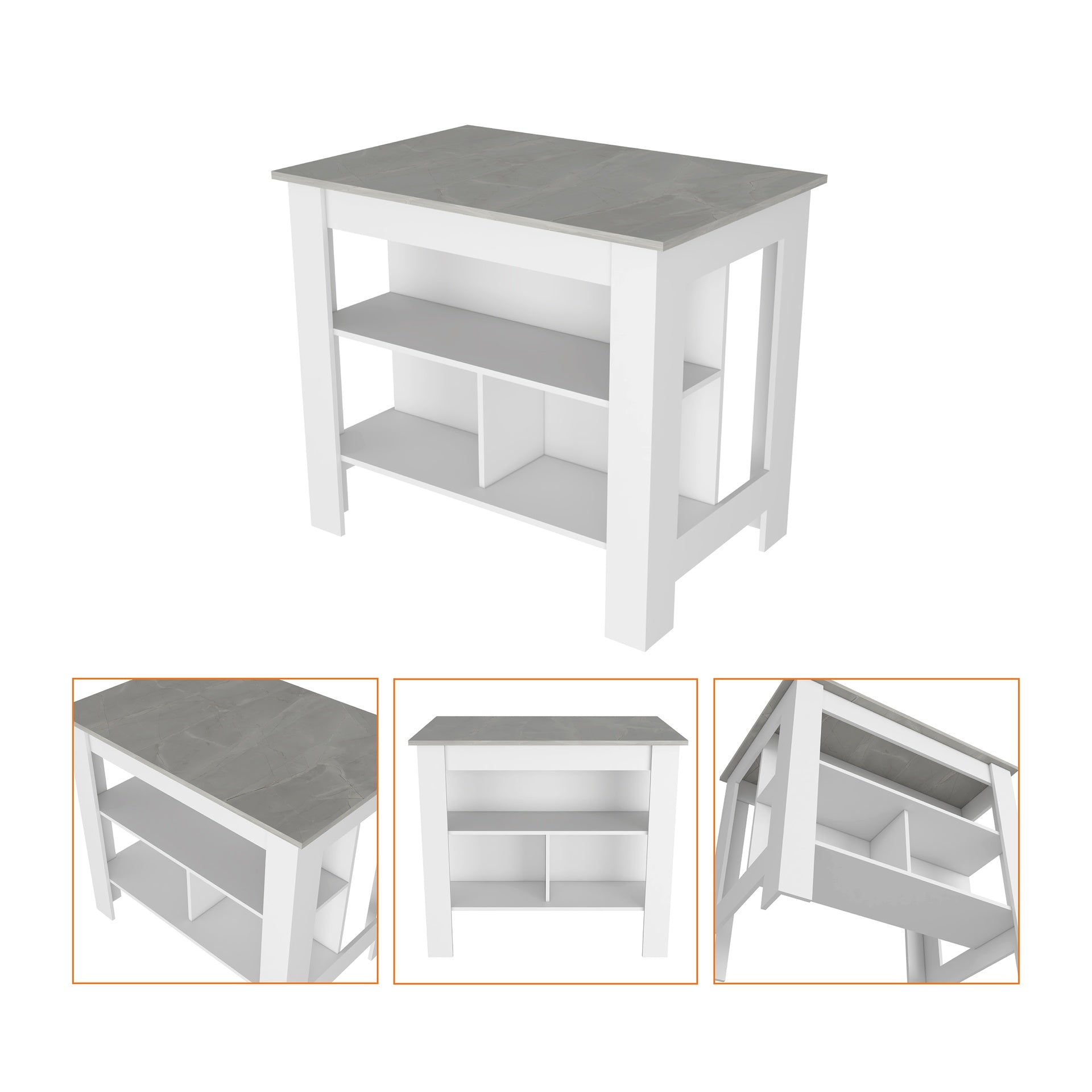 Kitchen Island Dozza, Three Shelves, White / Ibiza Marble Color Finish