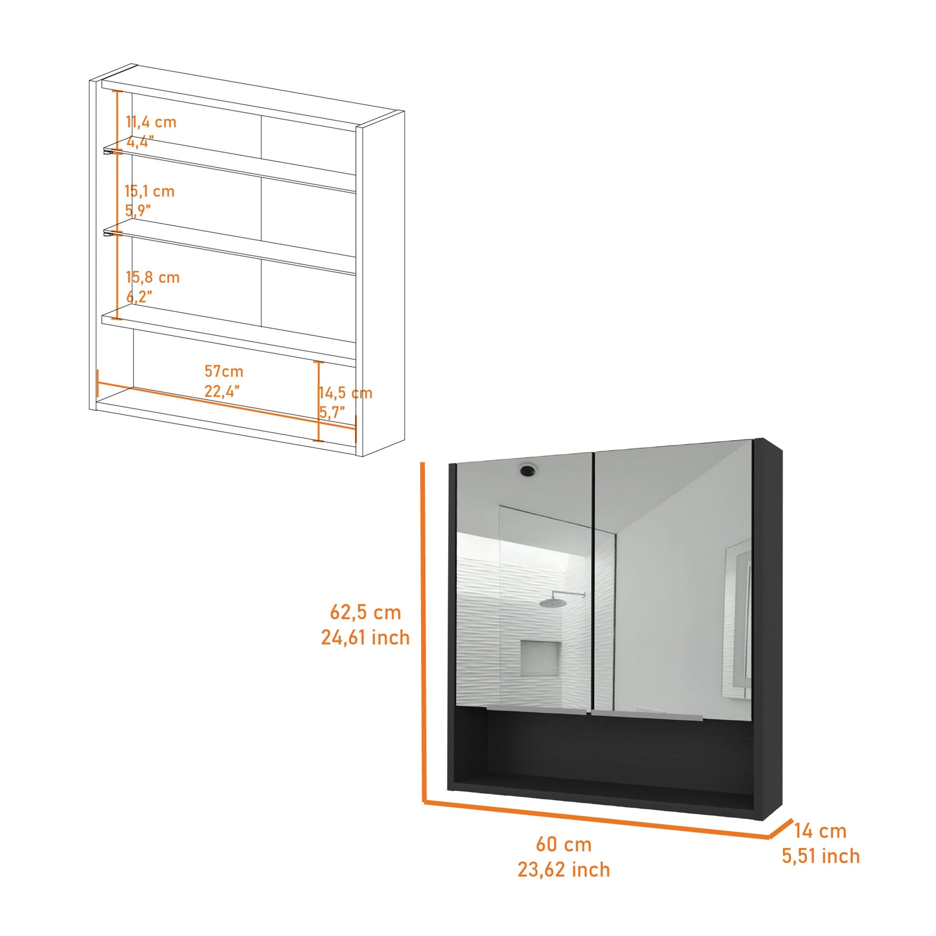 Medicine Cabinet with Mirror  Lexington,Three Internal Shelves, Black Wengue Finish
