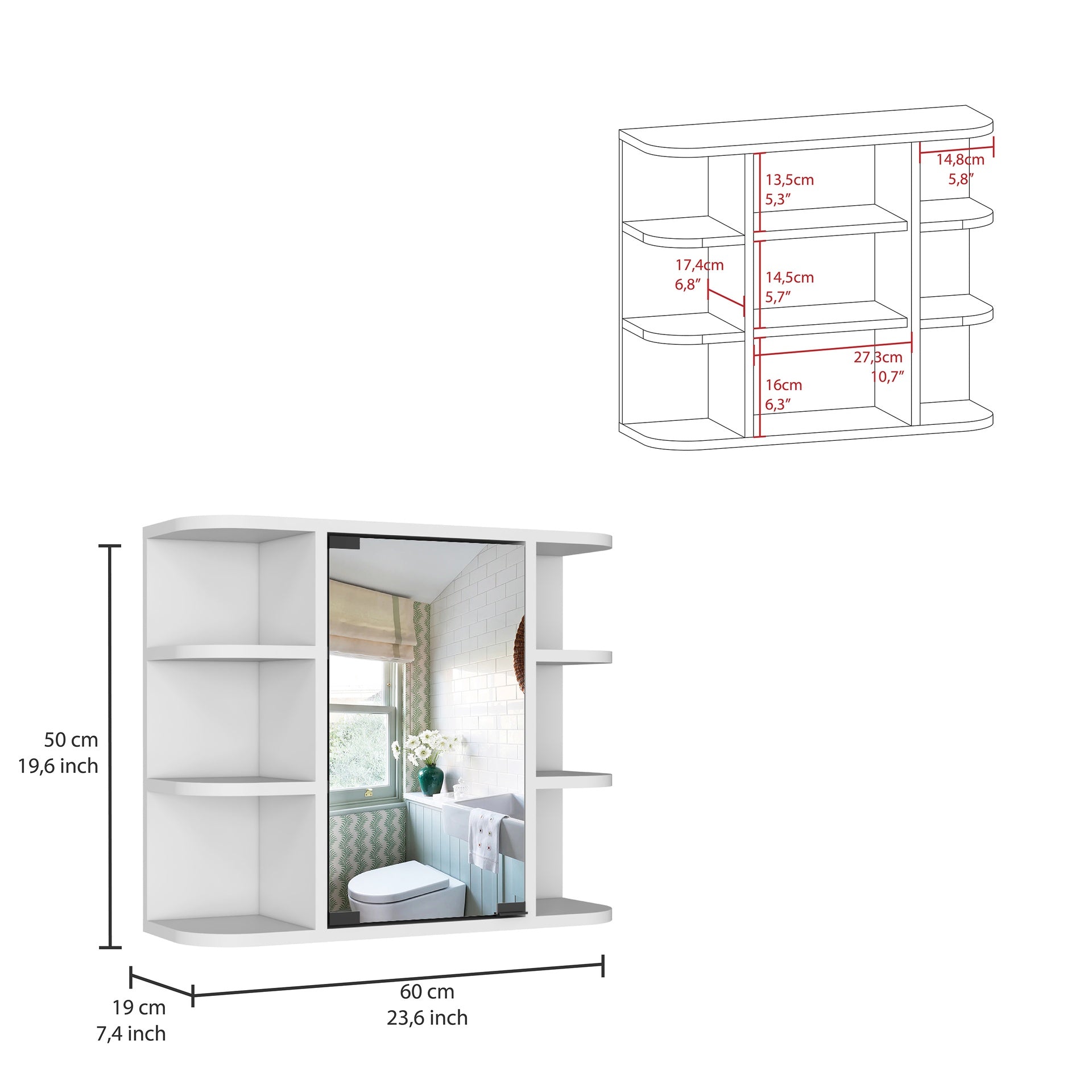 Medicine Cabinet Milano, Six External Shelves Mirror, White Finish