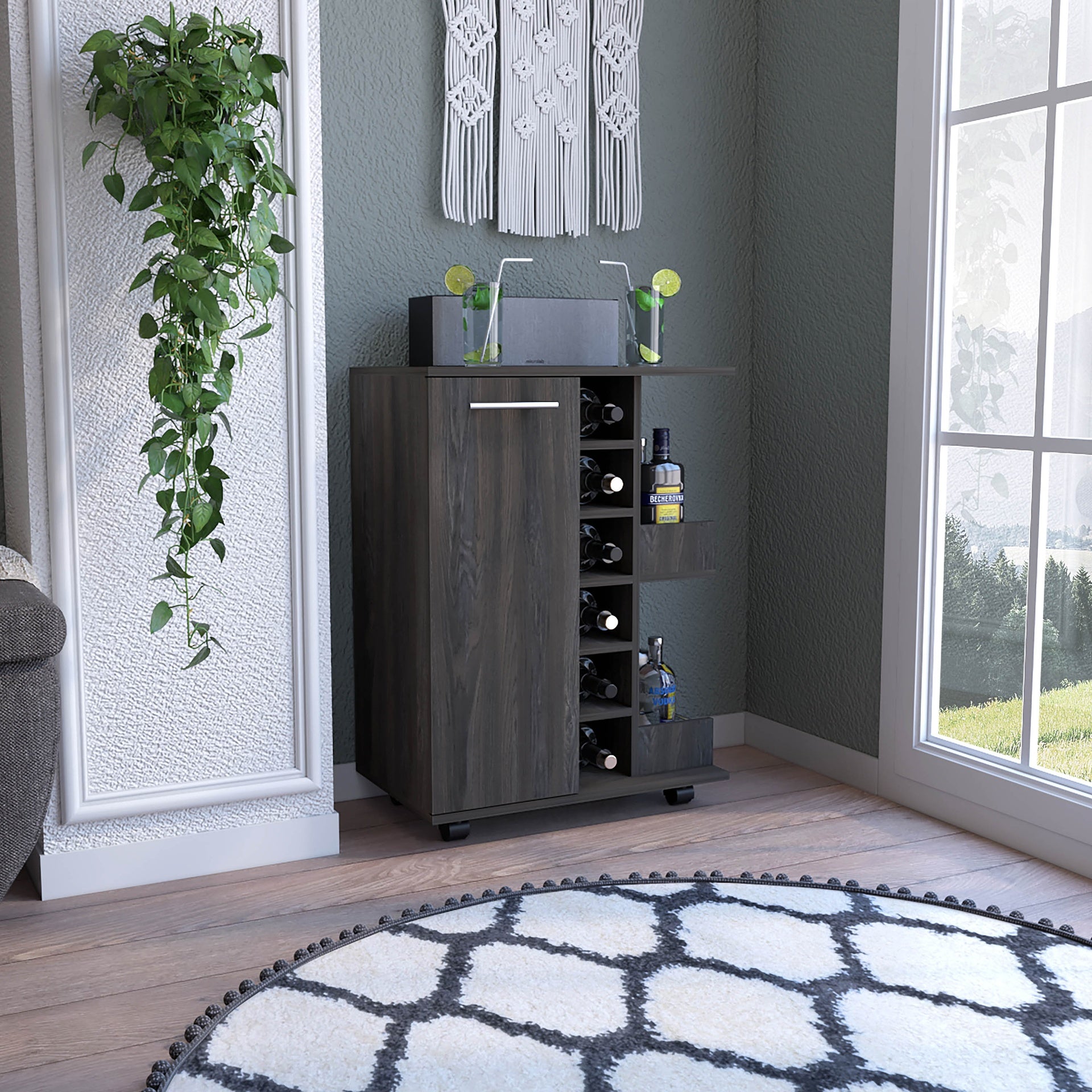 Bar Cart Wells,Four Casters, Carbon Espresso Finish