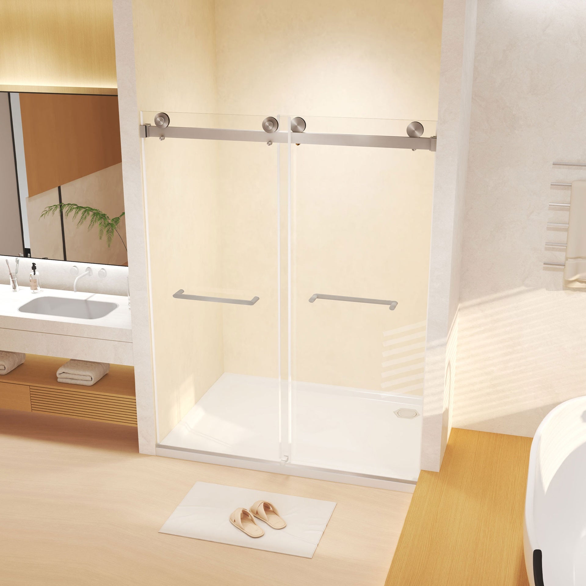 Frameless Double Sliding Shower Door 44-48 "W x 74" H, 5/16 "(8mm) Tempered Glass, Explosion Proof Film, Stainless Steel Handle, Square Tube Track, Brushed Nickel
