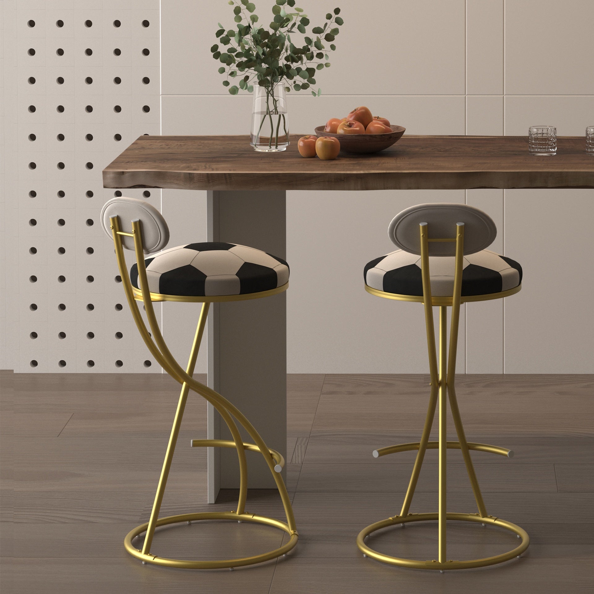 Football Print Bar Stools Set of 2 Upholstered Counter Height Barstool for Kitchen Island S-shaped Velvet Metal Dining Chairs
 (Gold Frame & Creamy White Back)