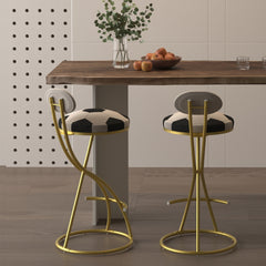 Football Print Bar Stools Set of 2 Upholstered Counter Height Barstool for Kitchen Island S-shaped Velvet Metal Dining Chairs
 (Gold Frame & Creamy White Back)