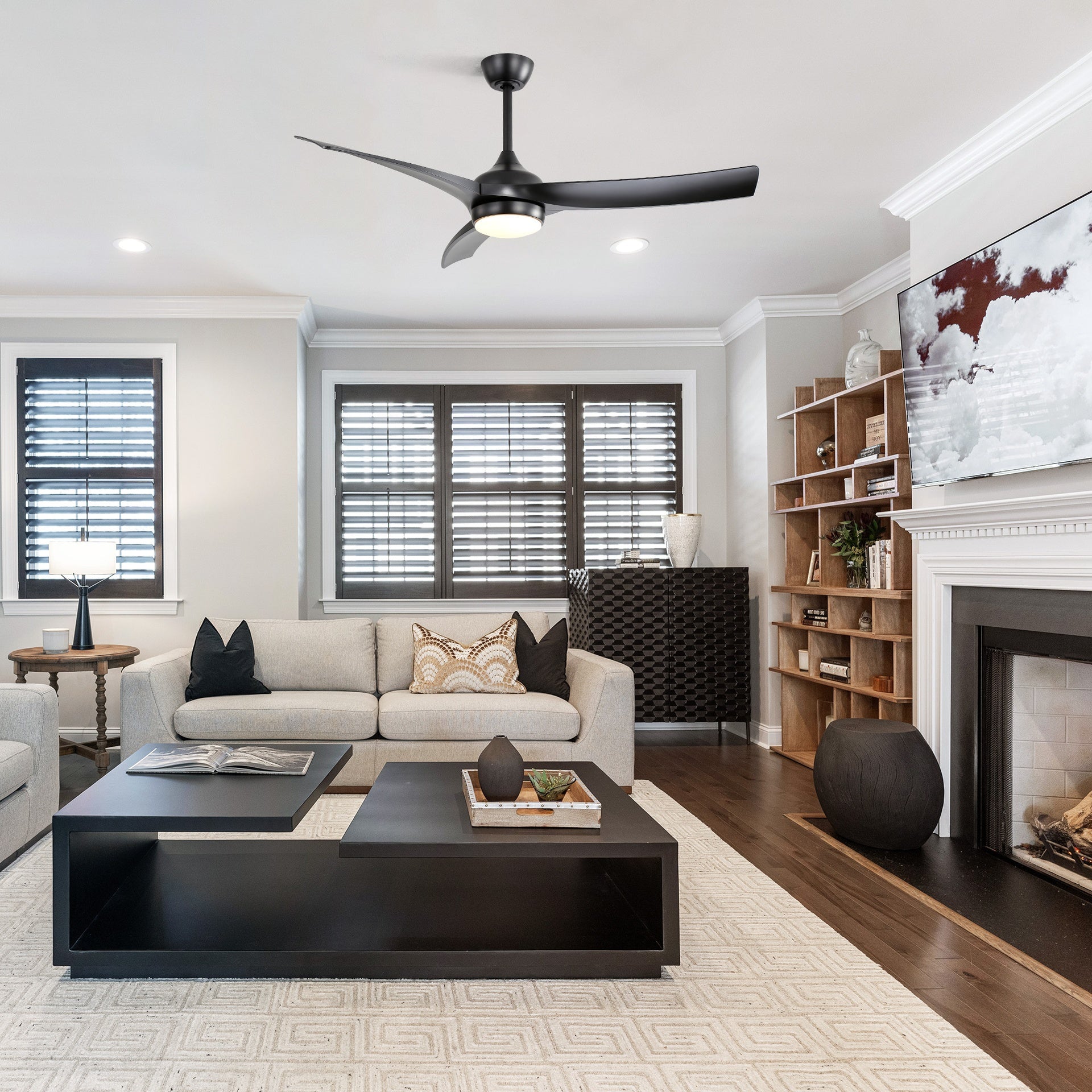 52 Inch Modern Black Ceiling Fan with 18W LED Light and Remote Control 3 ABS Blades DC Motor for Bedroom Living Room
