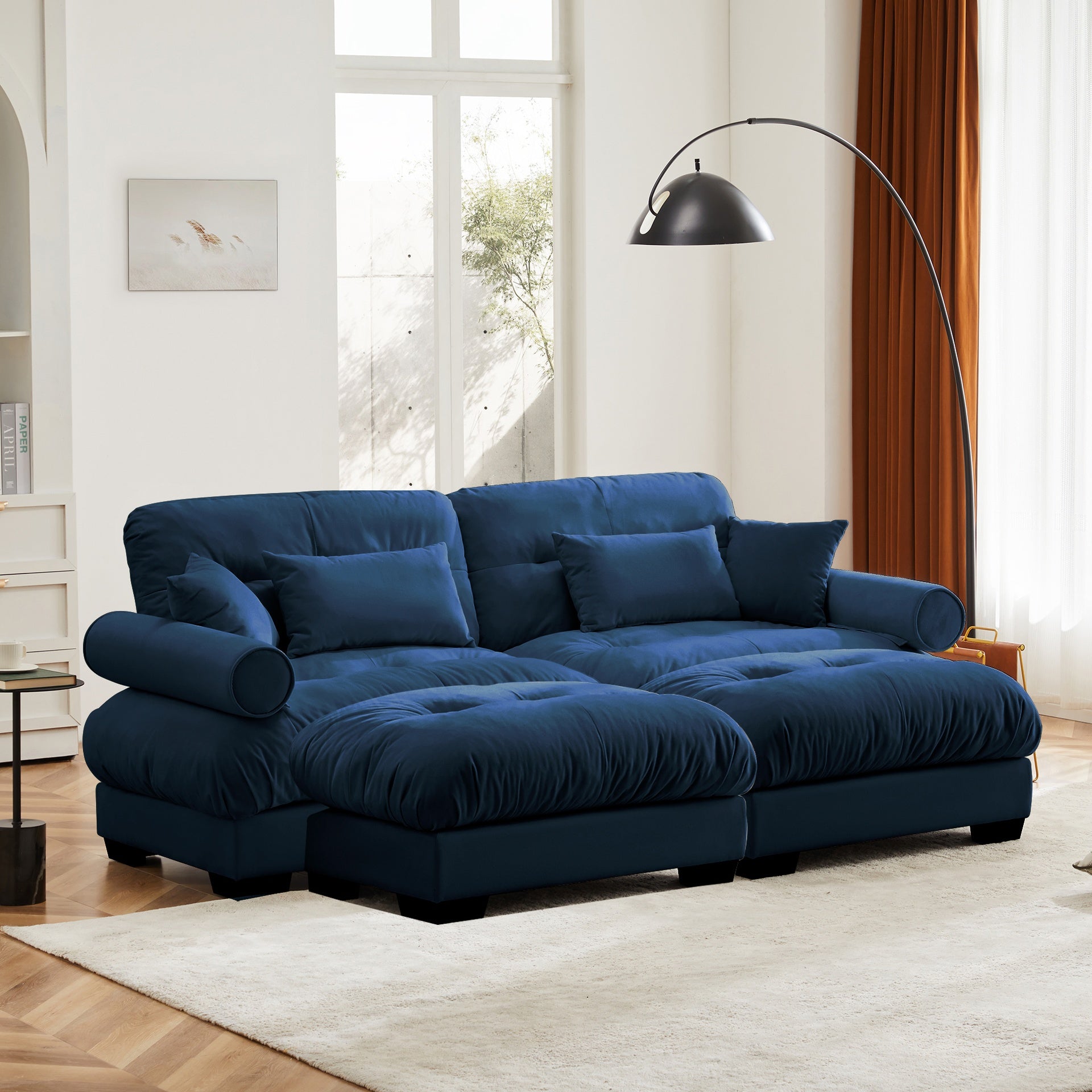 Over Size Modern Two-seater Sofa with Ottoman, Velvet 2-Seater with Round Bolster Armrests,With Waist Pillow and Throw Pillows, Reading Room  Blue