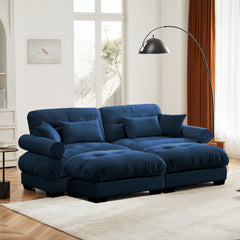 Over Size Modern Two-seater Sofa with Ottoman, Velvet 2-Seater with Round Bolster Armrests,With Waist Pillow and Throw Pillows, Reading Room  Blue