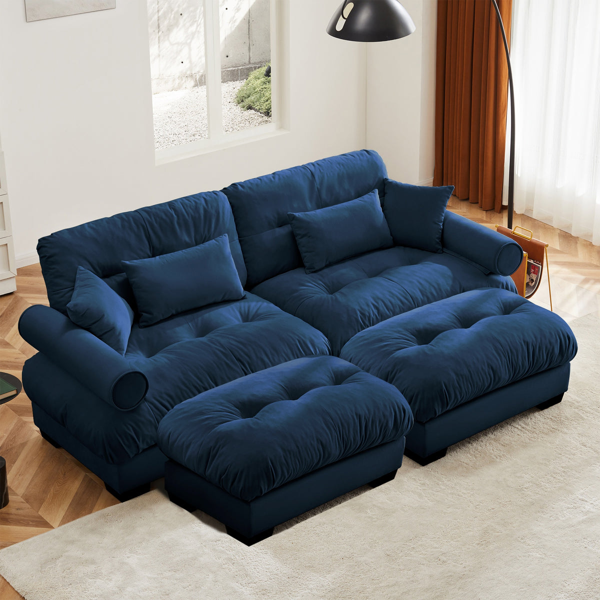 Over Size Modern Two-seater Sofa with Ottoman, Velvet 2-Seater with Round Bolster Armrests,With Waist Pillow and Throw Pillows, Reading Room  Blue
