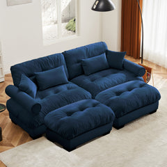 Over Size Modern Two-seater Sofa with Ottoman, Velvet 2-Seater with Round Bolster Armrests,With Waist Pillow and Throw Pillows, Reading Room  Blue