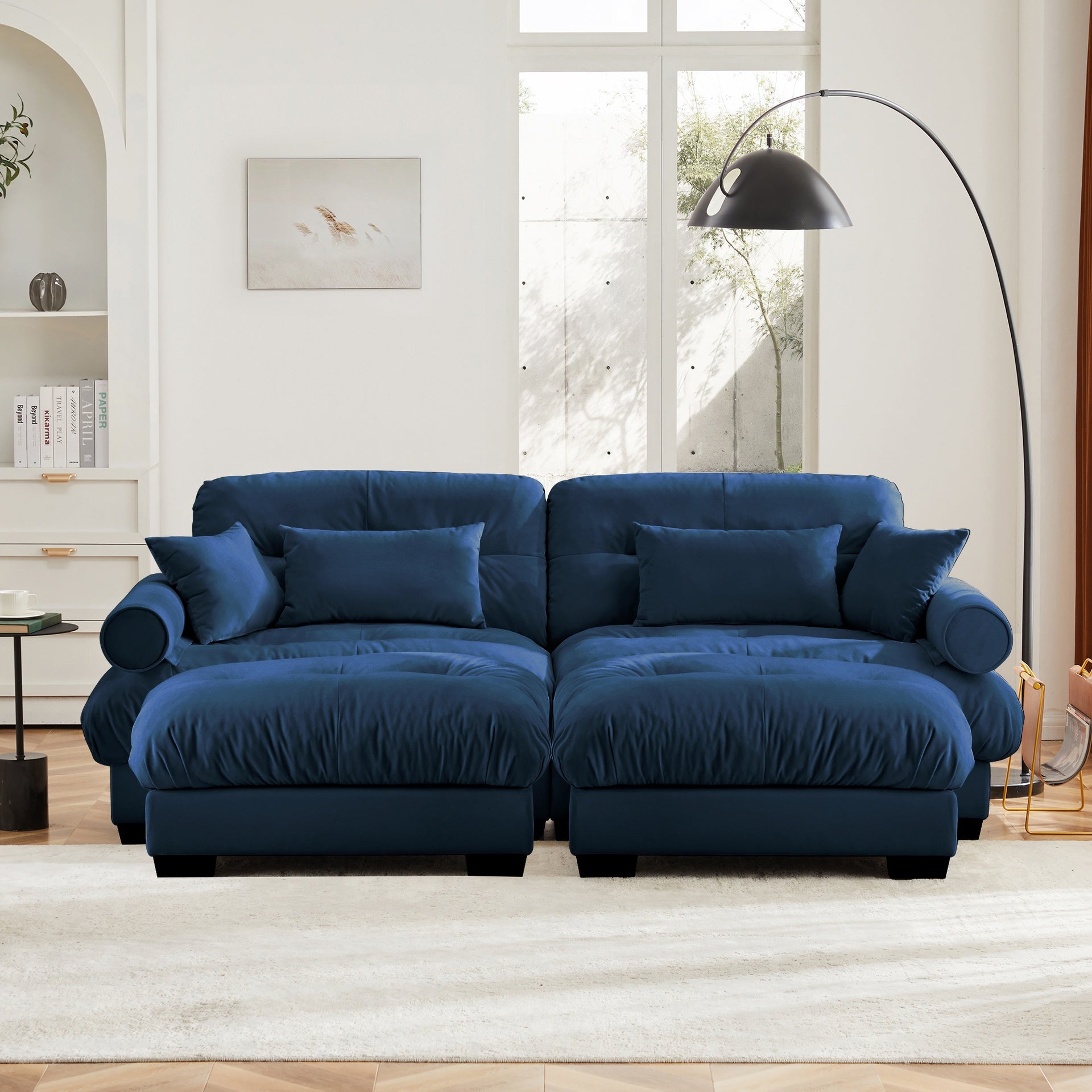 Over Size Modern Two-seater Sofa with Ottoman, Velvet 2-Seater with Round Bolster Armrests,With Waist Pillow and Throw Pillows, Reading Room  Blue