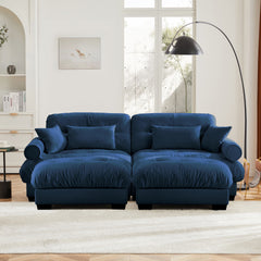 Over Size Modern Two-seater Sofa with Ottoman, Velvet 2-Seater with Round Bolster Armrests,With Waist Pillow and Throw Pillows, Reading Room  Blue
