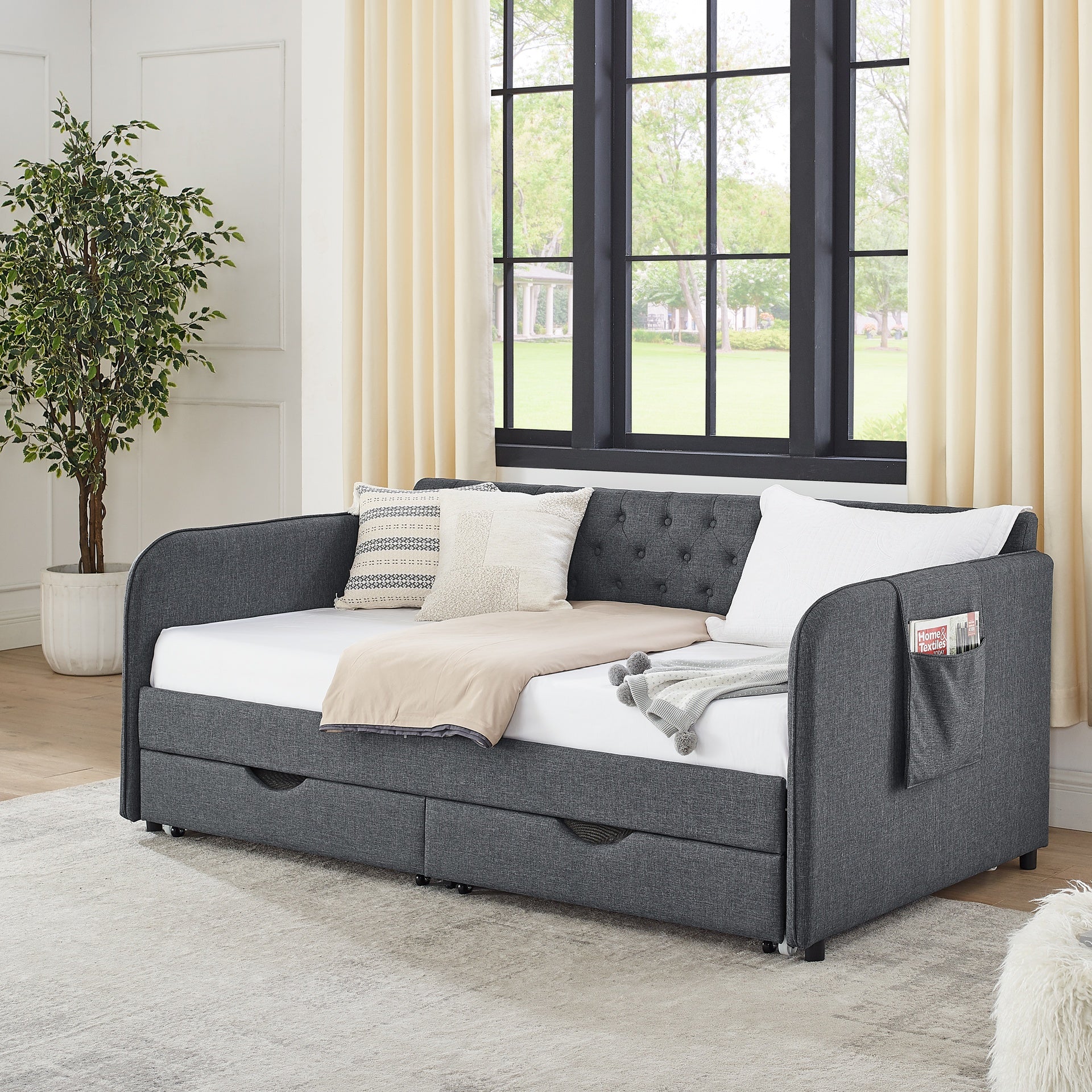 Twin Size Upholstery Daybed with Trundle Bed and Two Storage Drawers , Flat Arms with Pocket, Extendable Daybed for Bedroom Living Room,Linen Dark Gray