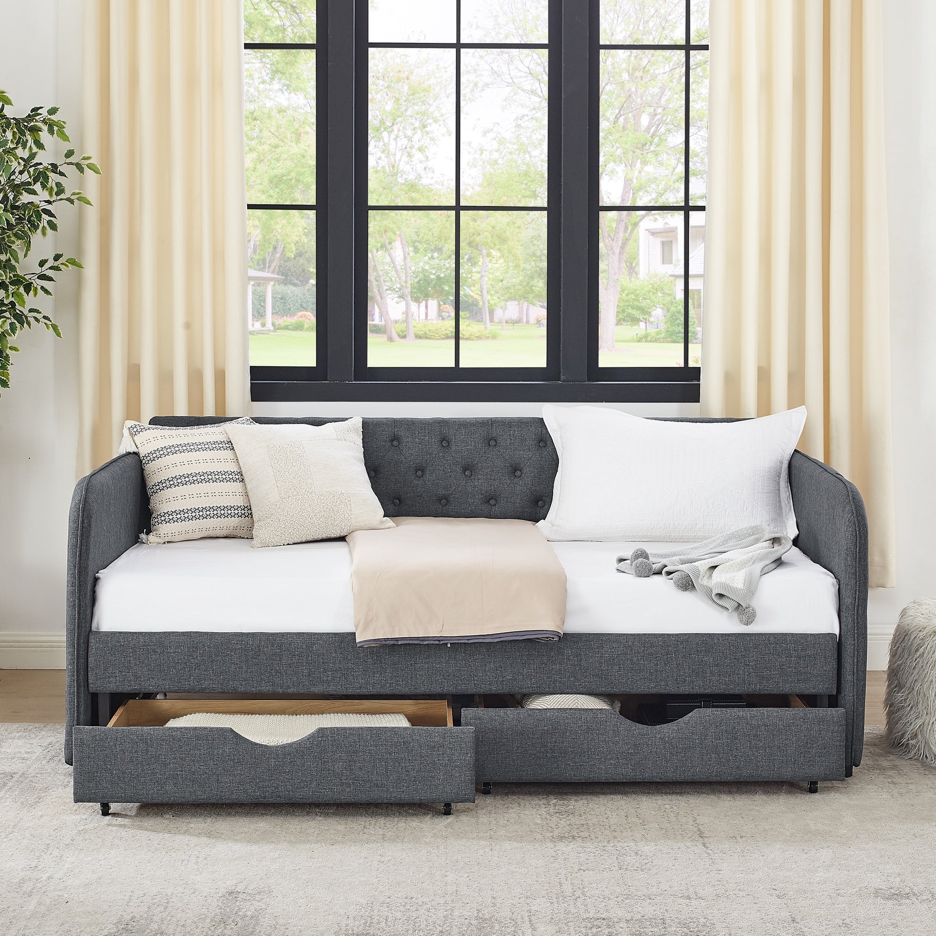Twin Size Upholstery Daybed with Trundle Bed and Two Storage Drawers , Flat Arms with Pocket, Extendable Daybed for Bedroom Living Room,Linen Dark Gray