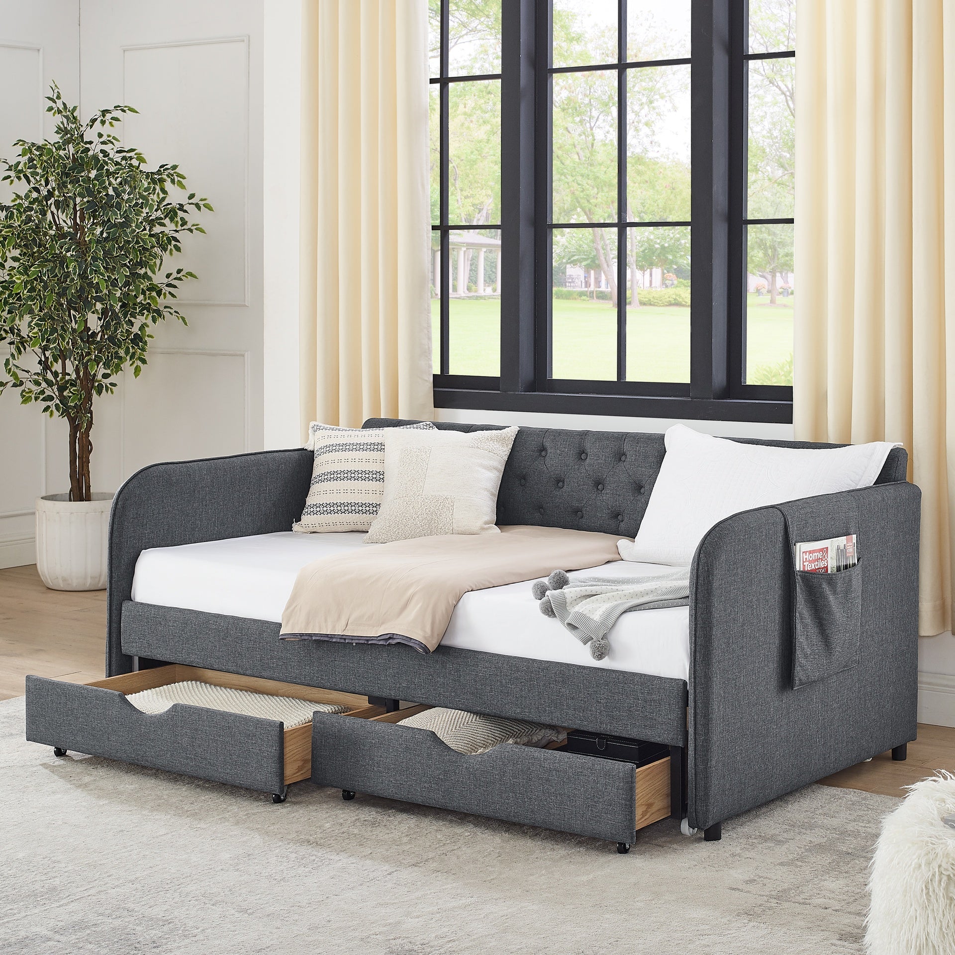Twin Size Upholstery Daybed with Trundle Bed and Two Storage Drawers , Flat Arms with Pocket, Extendable Daybed for Bedroom Living Room,Linen Dark Gray