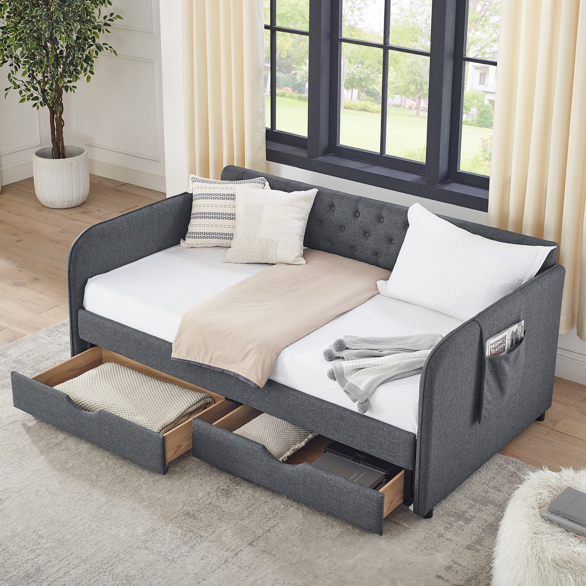 Twin Size Upholstery Daybed with Trundle Bed and Two Storage Drawers , Flat Arms with Pocket, Extendable Daybed for Bedroom Living Room,Linen Dark Gray