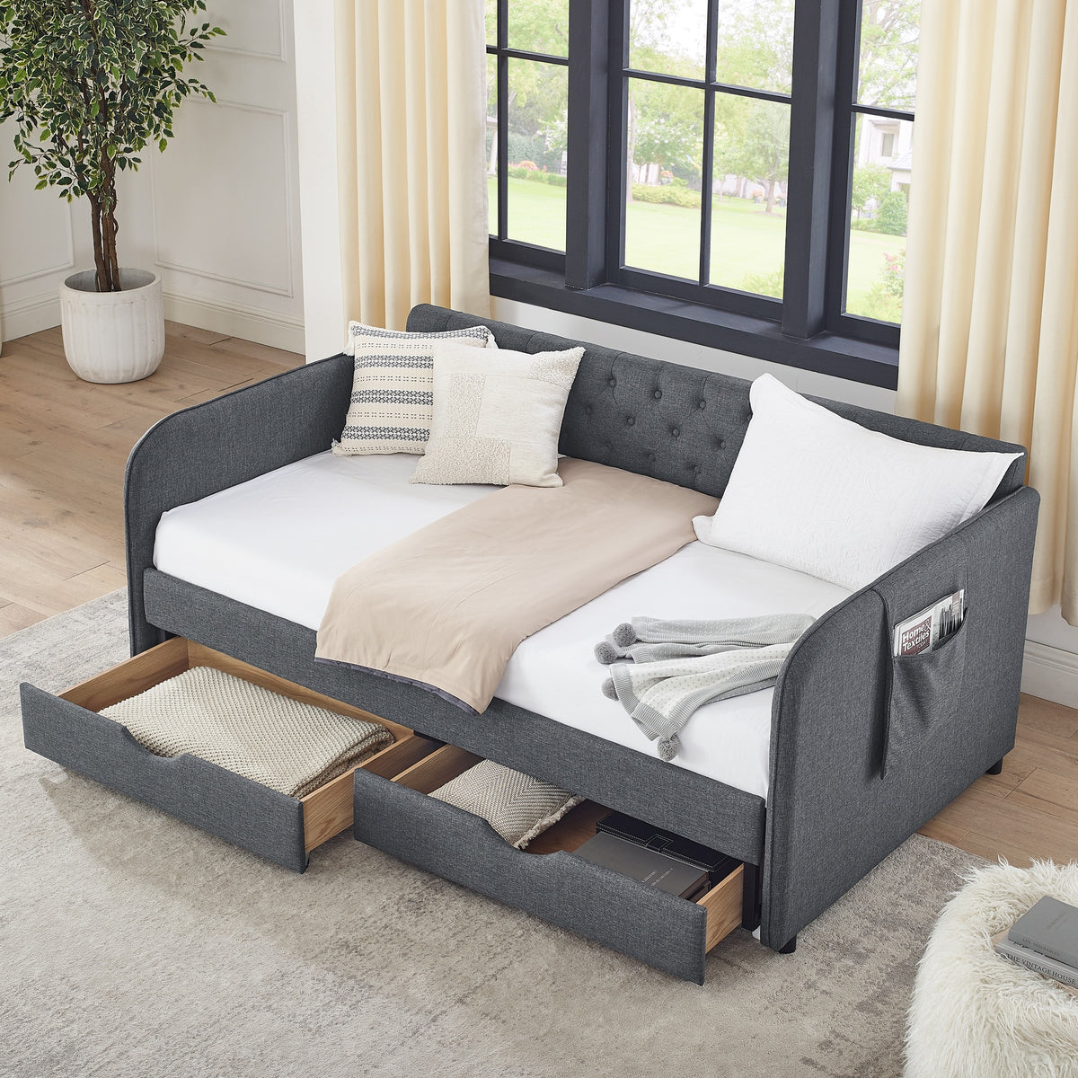 Twin Size Upholstery Daybed with Trundle Bed and Two Storage Drawers , Flat Arms with Pocket, Extendable Daybed for Bedroom Living Room,Linen Dark Gray