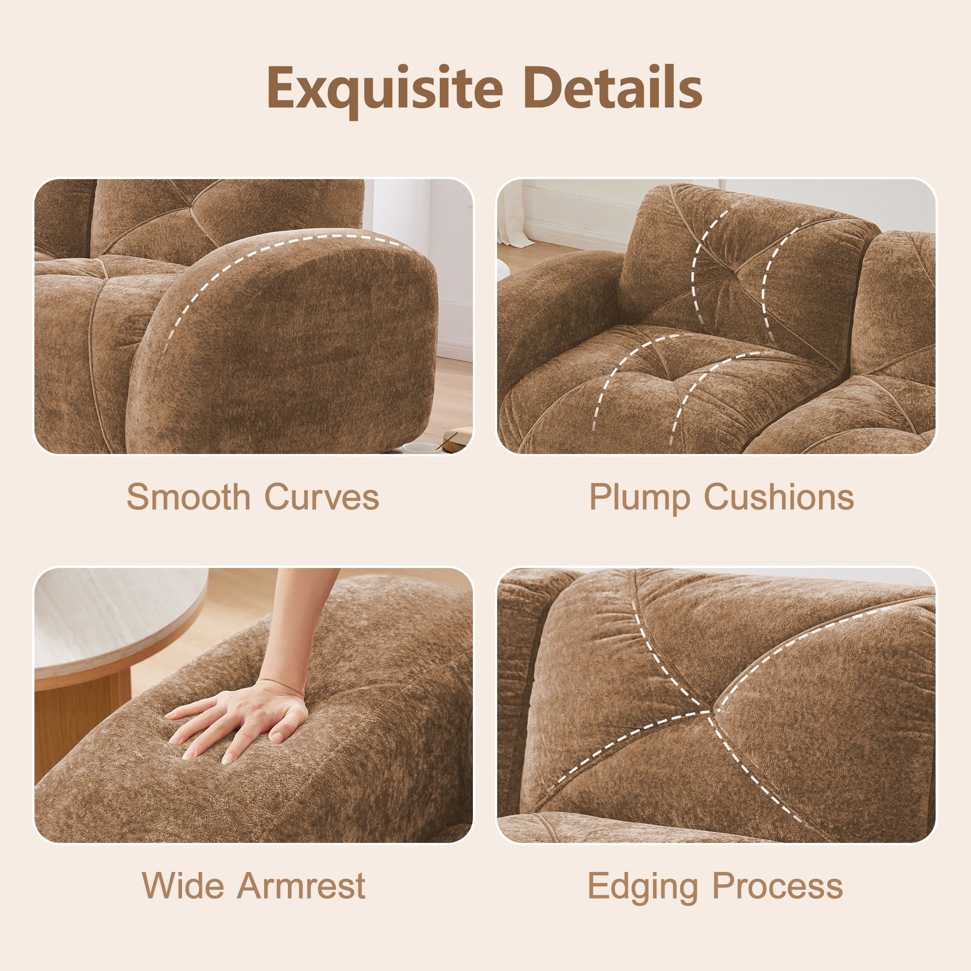 2-Seater Tufted Sofa Couches with boneless Sofa,Soft Velvet  Fabric,Bottom Anti-Slip Design,32D High Density Sponge,Ergonomic Design Bottom,No Assembly Required,Fits Living Rooms,Camel