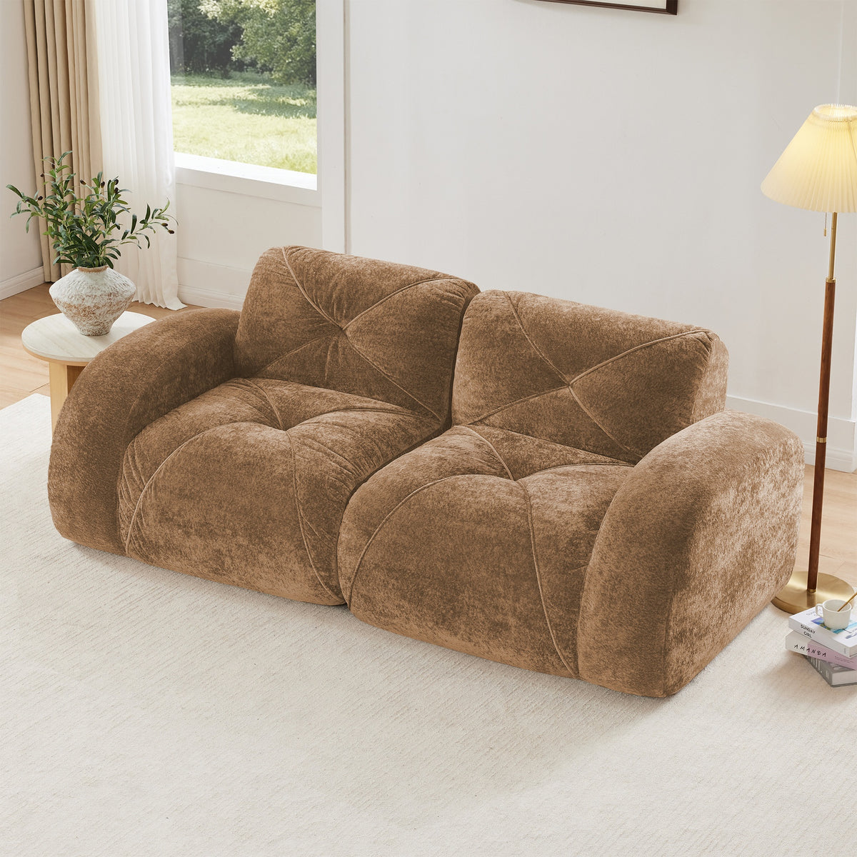 2-Seater Tufted Sofa Couches with boneless Sofa,Soft Velvet  Fabric,Bottom Anti-Slip Design,32D High Density Sponge,Ergonomic Design Bottom,No Assembly Required,Fits Living Rooms,Camel