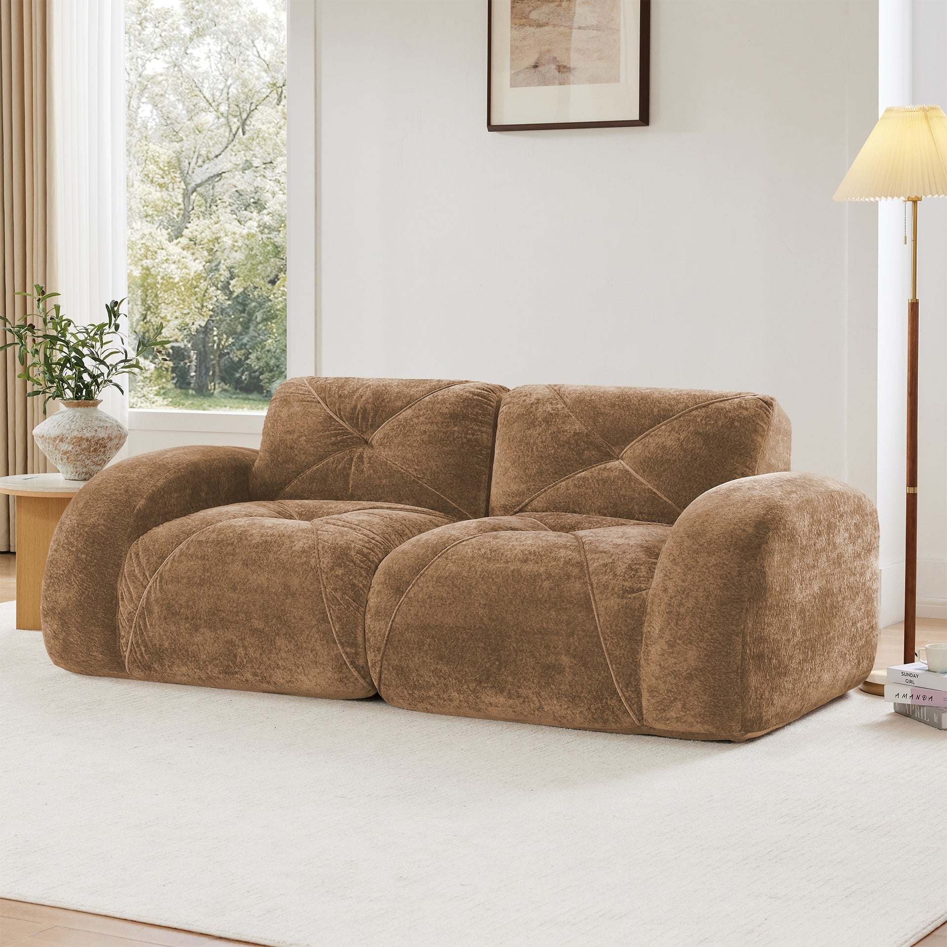 2-Seater Tufted Sofa Couches with boneless Sofa,Soft Velvet  Fabric,Bottom Anti-Slip Design,32D High Density Sponge,Ergonomic Design Bottom,No Assembly Required,Fits Living Rooms,Camel
