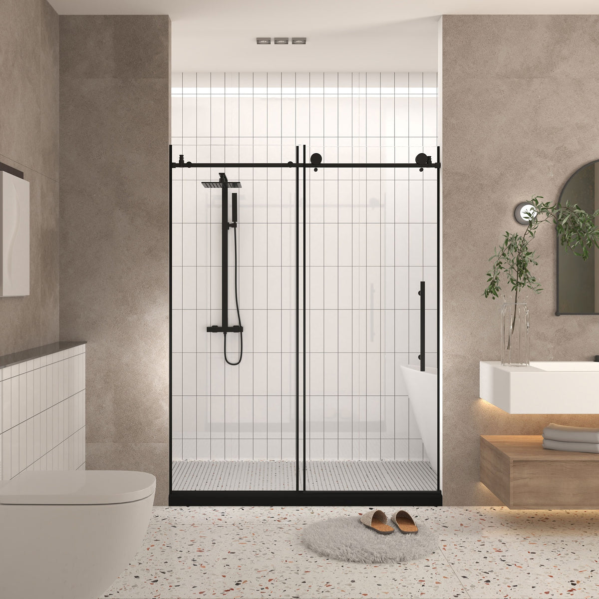 Frameless shower door 44-48 "W x 76" H, 1/4 "(6 mm) Clear Tempered Glass, Explosion Proof Film, Stainless Steel Handle, Matte Black