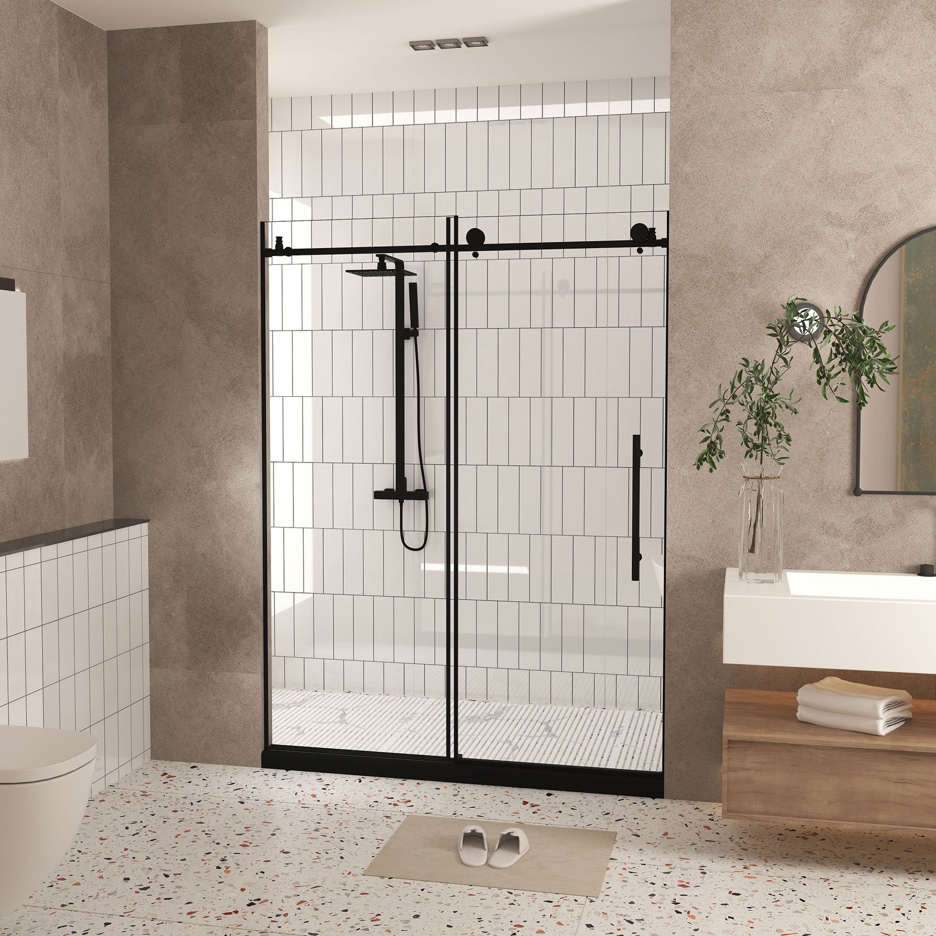 Frameless shower door 44-48 "W x 76" H, 1/4 "(6 mm) Clear Tempered Glass, Explosion Proof Film, Stainless Steel Handle, Matte Black