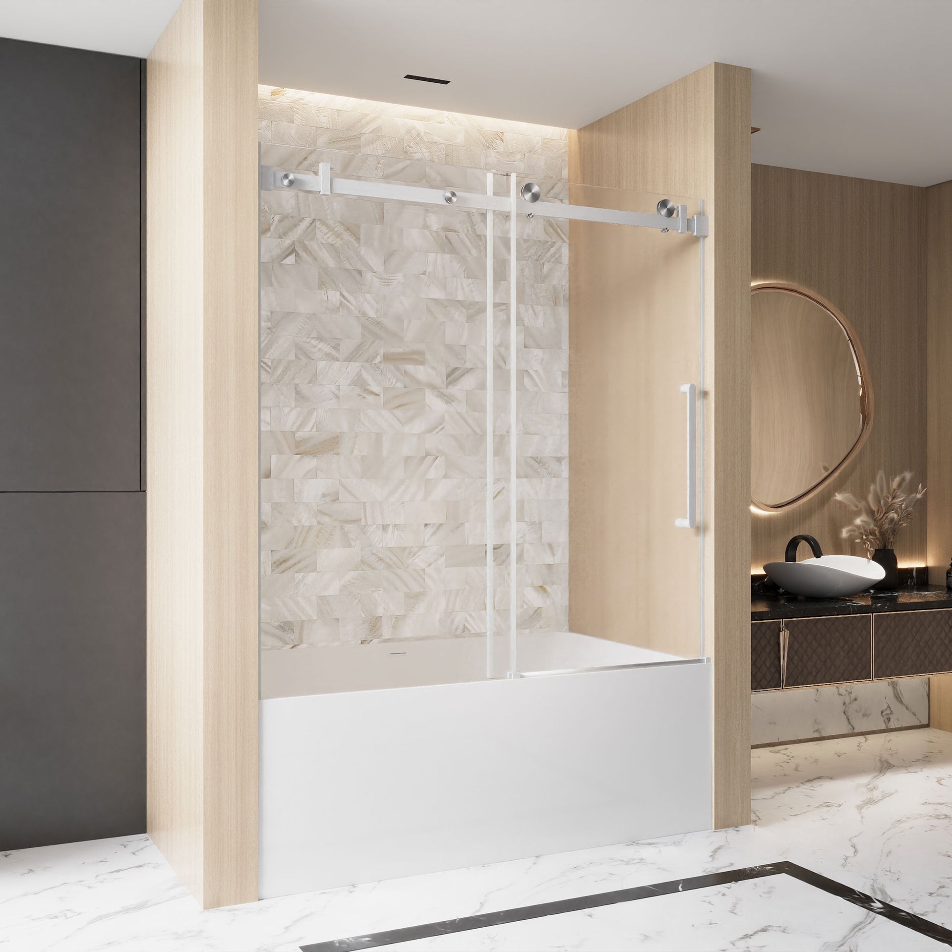 Frameless Single sliding shower door  56-60 "W x 60" H, 1/4 "(6 mm) Clear Tempered Glass, Explosion Proof Film, Stainless Steel Handle  Square Tube Track ,Brushed Nickel