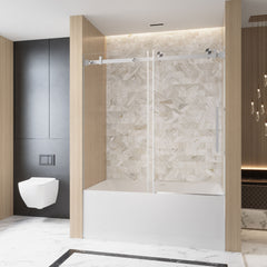 Frameless Single sliding shower door  56-60 "W x 60" H, 1/4 "(6 mm) Clear Tempered Glass, Explosion Proof Film, Stainless Steel Handle  Square Tube Track ,Brushed Nickel
