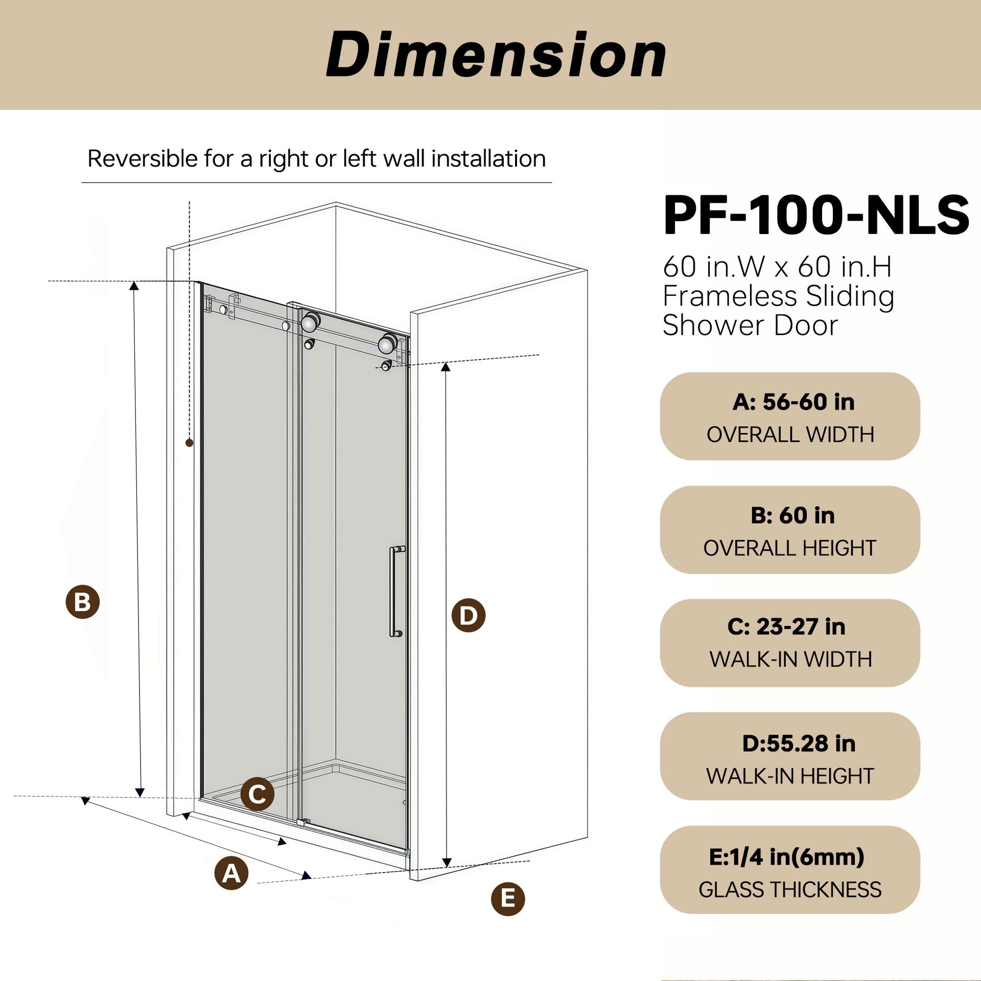 Frameless Single sliding shower door  56-60 "W x 60" H, 1/4 "(6 mm) Clear Tempered Glass, Explosion Proof Film, Stainless Steel Handle  Square Tube Track ,Brushed Nickel
