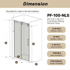 Frameless Single sliding shower door  56-60 "W x 60" H, 1/4 "(6 mm) Clear Tempered Glass, Explosion Proof Film, Stainless Steel Handle  Square Tube Track ,Brushed Nickel