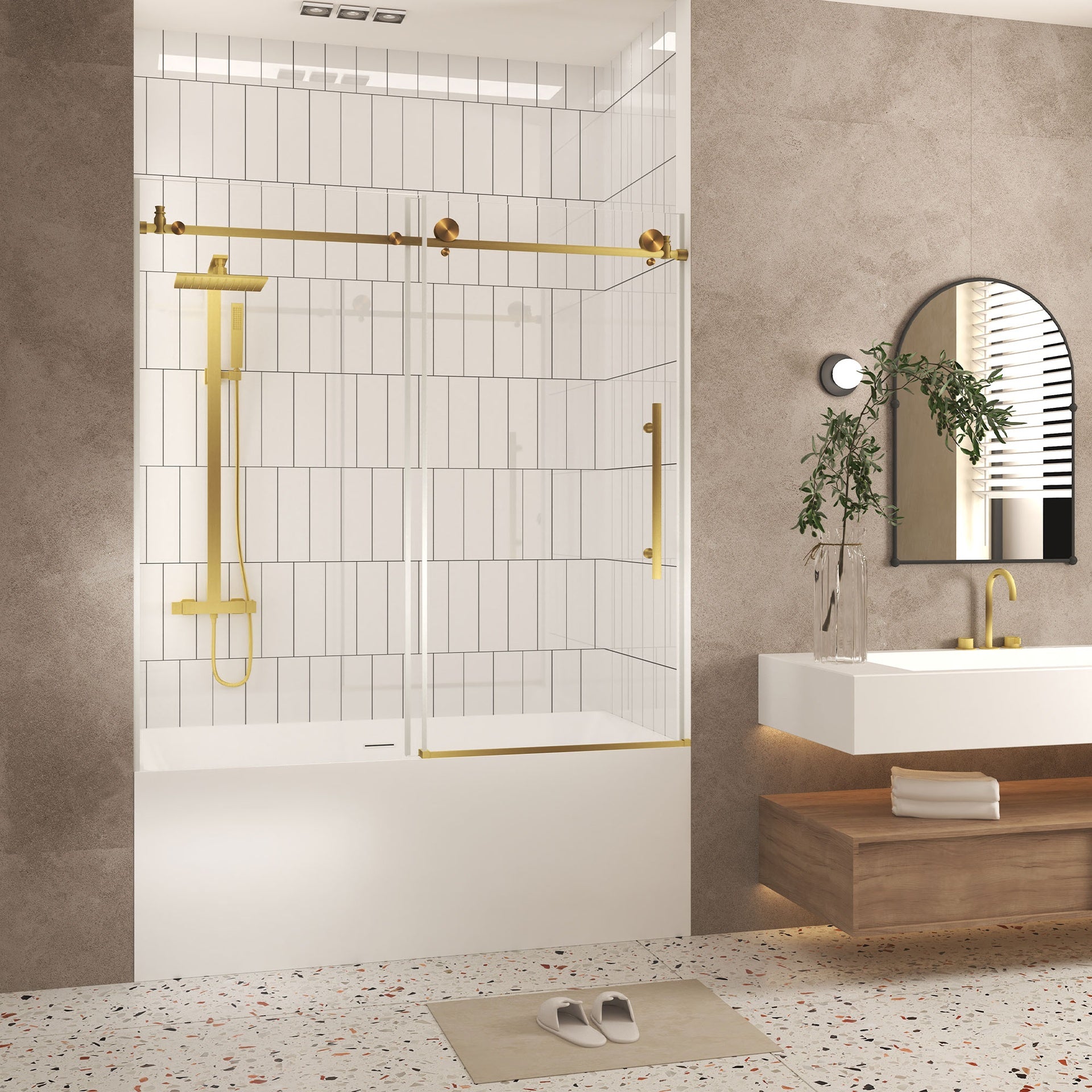 Frameless shower door 56-60 "W x 60" H, 1/4 "(6 mm) Clear Tempered Glass, Explosion Proof Film, Stainless Steel Handle,Brushed Gold