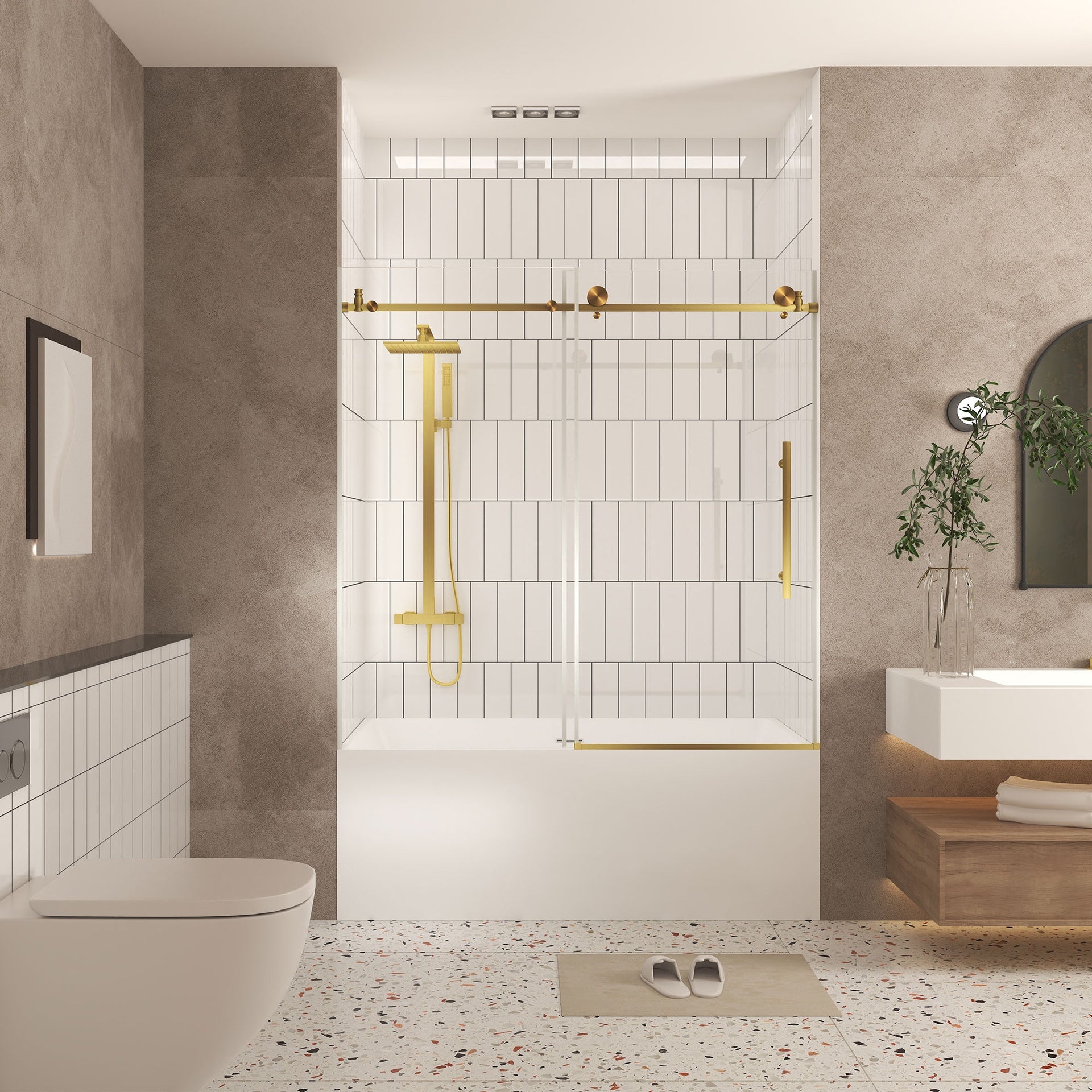 Frameless shower door 56-60 "W x 60" H, 1/4 "(6 mm) Clear Tempered Glass, Explosion Proof Film, Stainless Steel Handle,Brushed Gold
