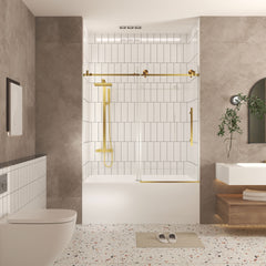 Frameless shower door 56-60 "W x 60" H, 1/4 "(6 mm) Clear Tempered Glass, Explosion Proof Film, Stainless Steel Handle,Brushed Gold