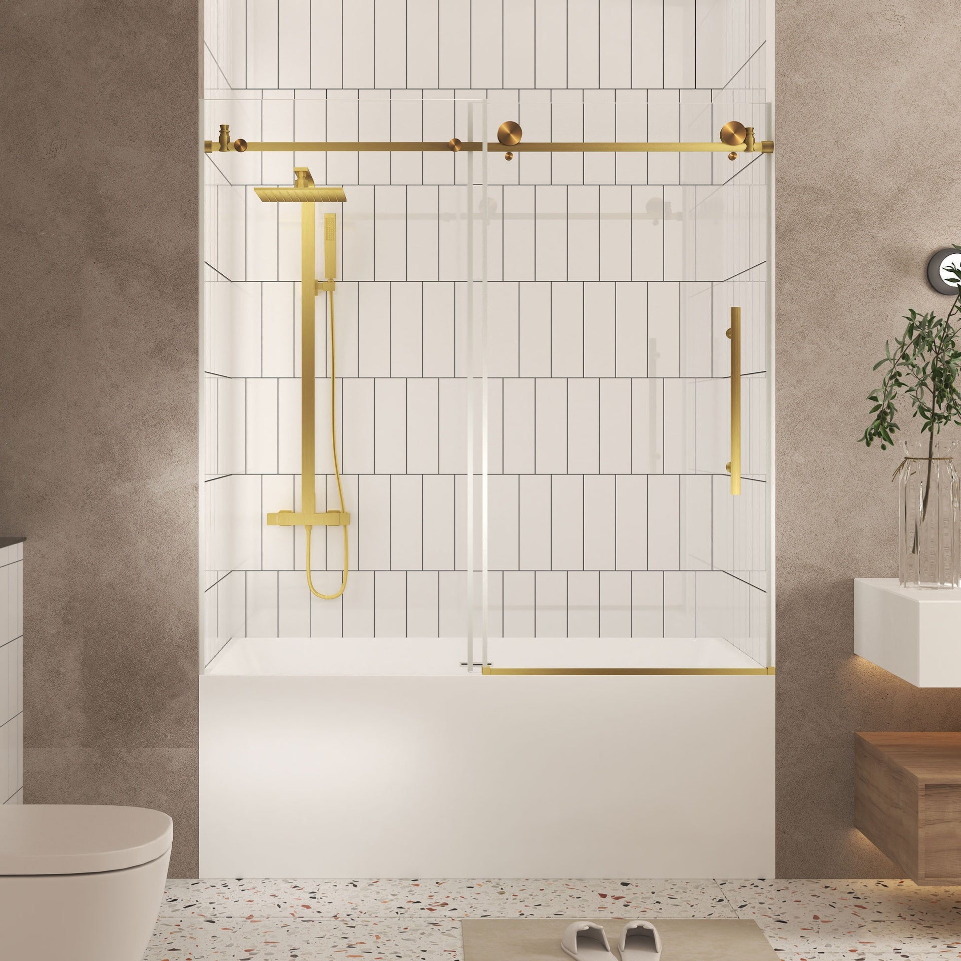 Frameless shower door 56-60 "W x 60" H, 1/4 "(6 mm) Clear Tempered Glass, Explosion Proof Film, Stainless Steel Handle,Brushed Gold