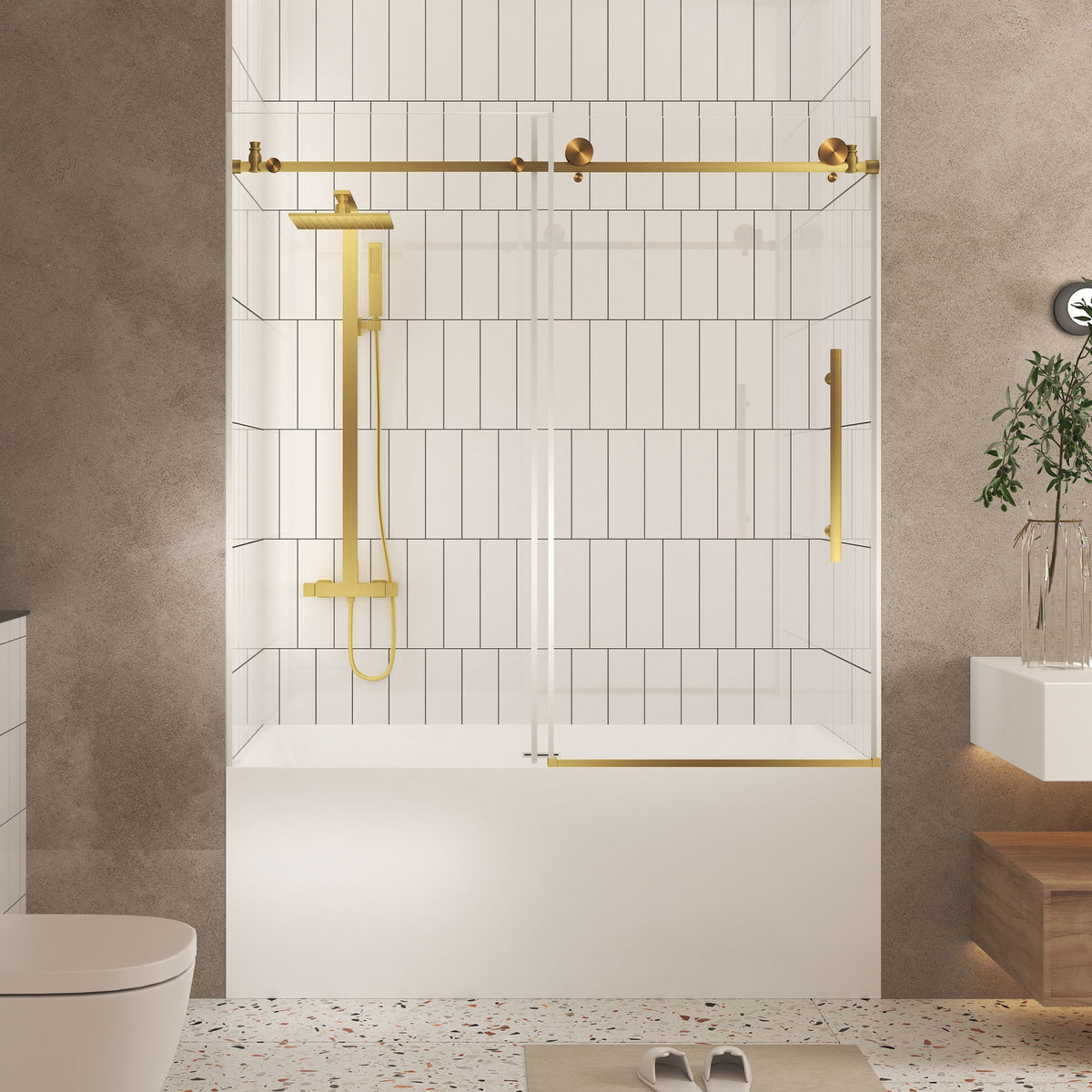 Frameless shower door 56-60 "W x 60" H, 1/4 "(6 mm) Clear Tempered Glass, Explosion Proof Film, Stainless Steel Handle,Brushed Gold