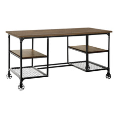 Modern Traditional Aesthetic 1pc Writing Desk with 4x Shelves Metal Casters Natural Finish and Rustic Black Metal Finish