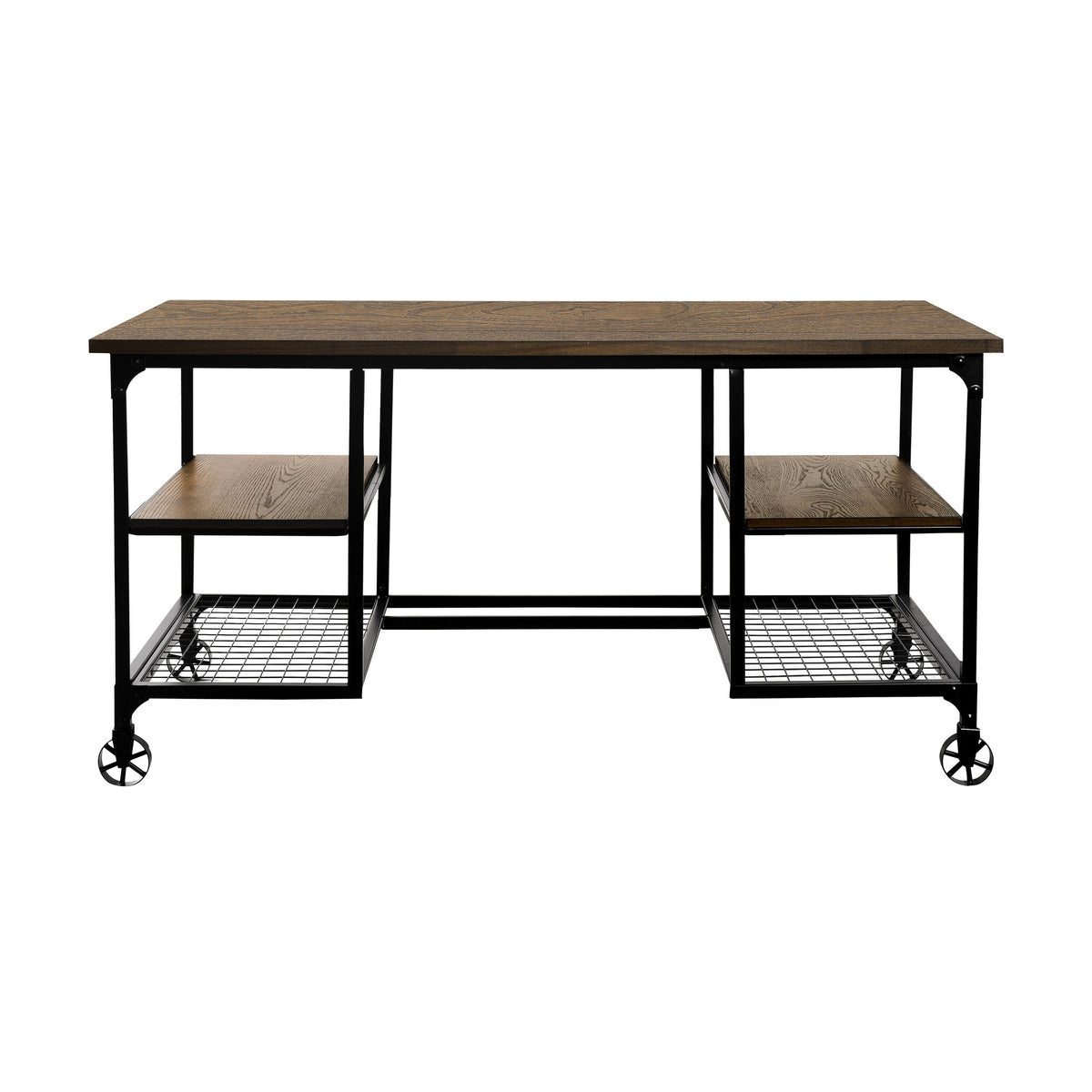 Modern Traditional Aesthetic 1pc Writing Desk with 4x Shelves Metal Casters Natural Finish and Rustic Black Metal Finish