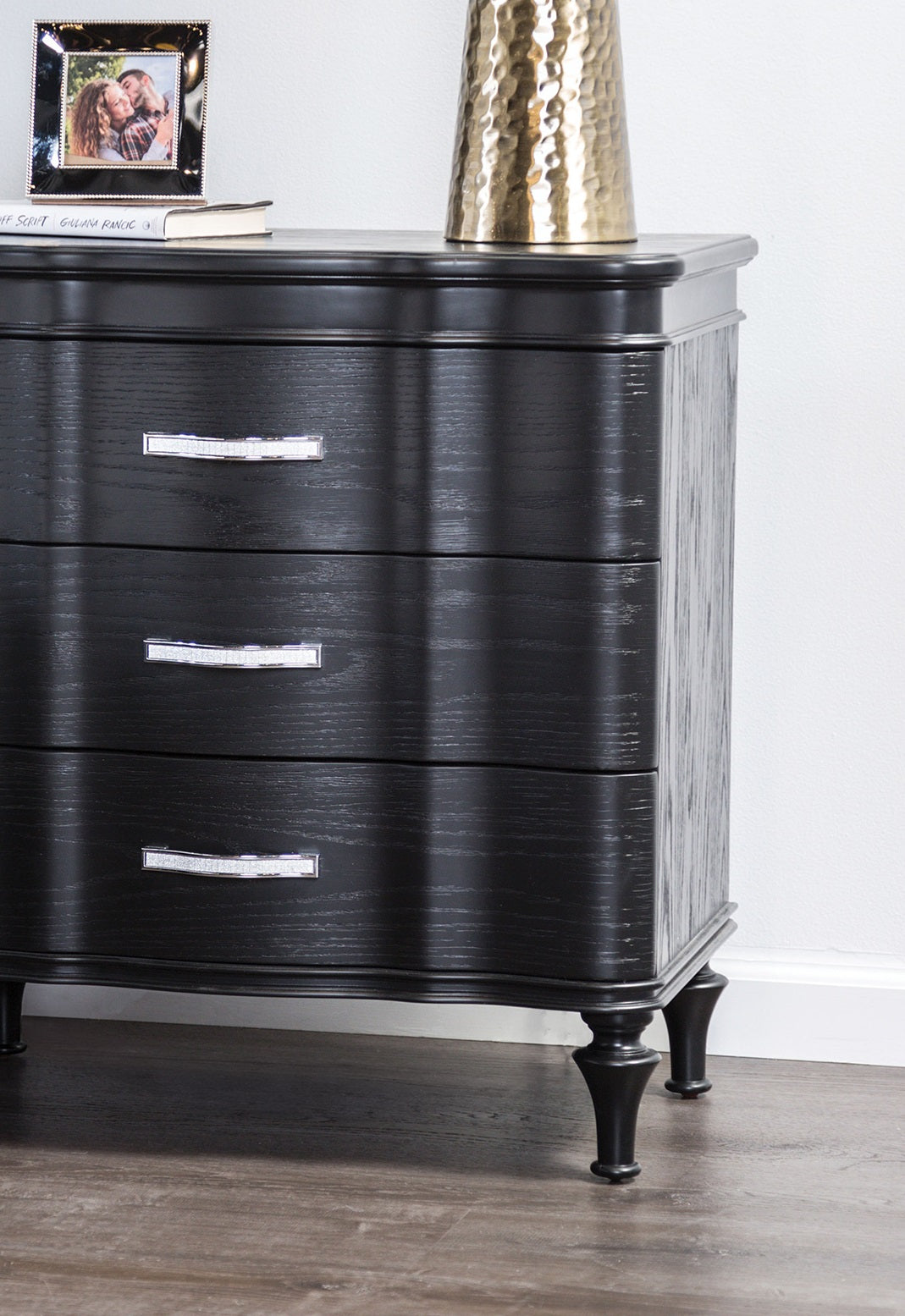 1pc Nightstand Exquisite Bedroom Black Solidwood Turned Wood Legs Bedside Table Furniture Curved Front Panels