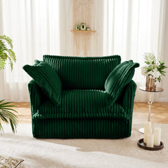 Slip-covered Armchair with 1 Big Back Cushion and 2 Big Toss Pillows, Single Deep Seat Comfy Single Couch Sofa Multiple Large Soft Pillows, Green Corduroy Fabric