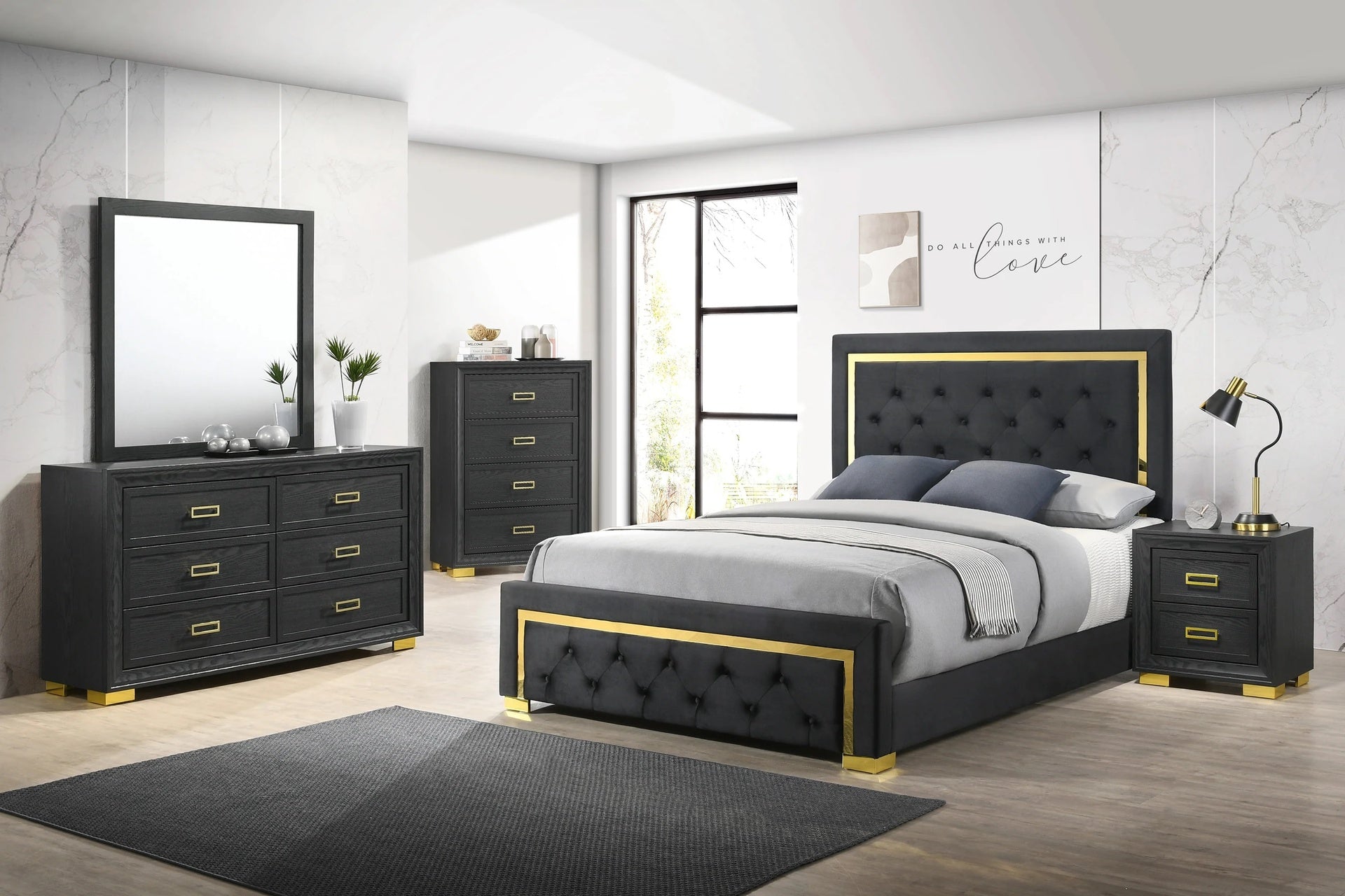 Glamorous 1pc Modern Glam Style 4-Drawer Chest Dark Gray Gold Finish Gold-colored Hardware Bedroom Furniture