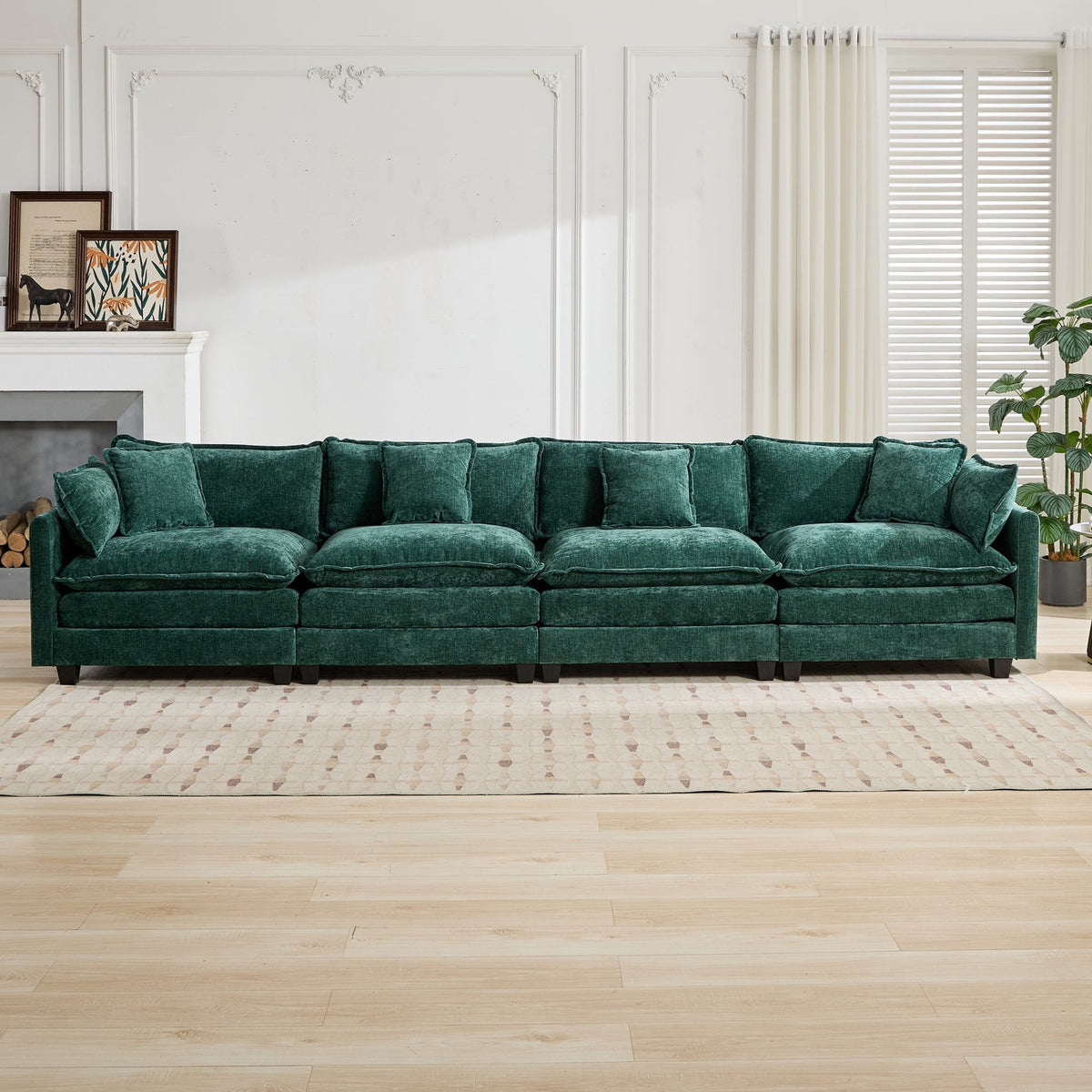 Cloud Sofa 4 Seats (Ottoman is not included), Modern Sectional Couch, for Living Room Bedroom and Apartment, Comfy Double Layer Upholstered Seat Cushion, Breathable Chenille Fabric, Green,SW5014GN