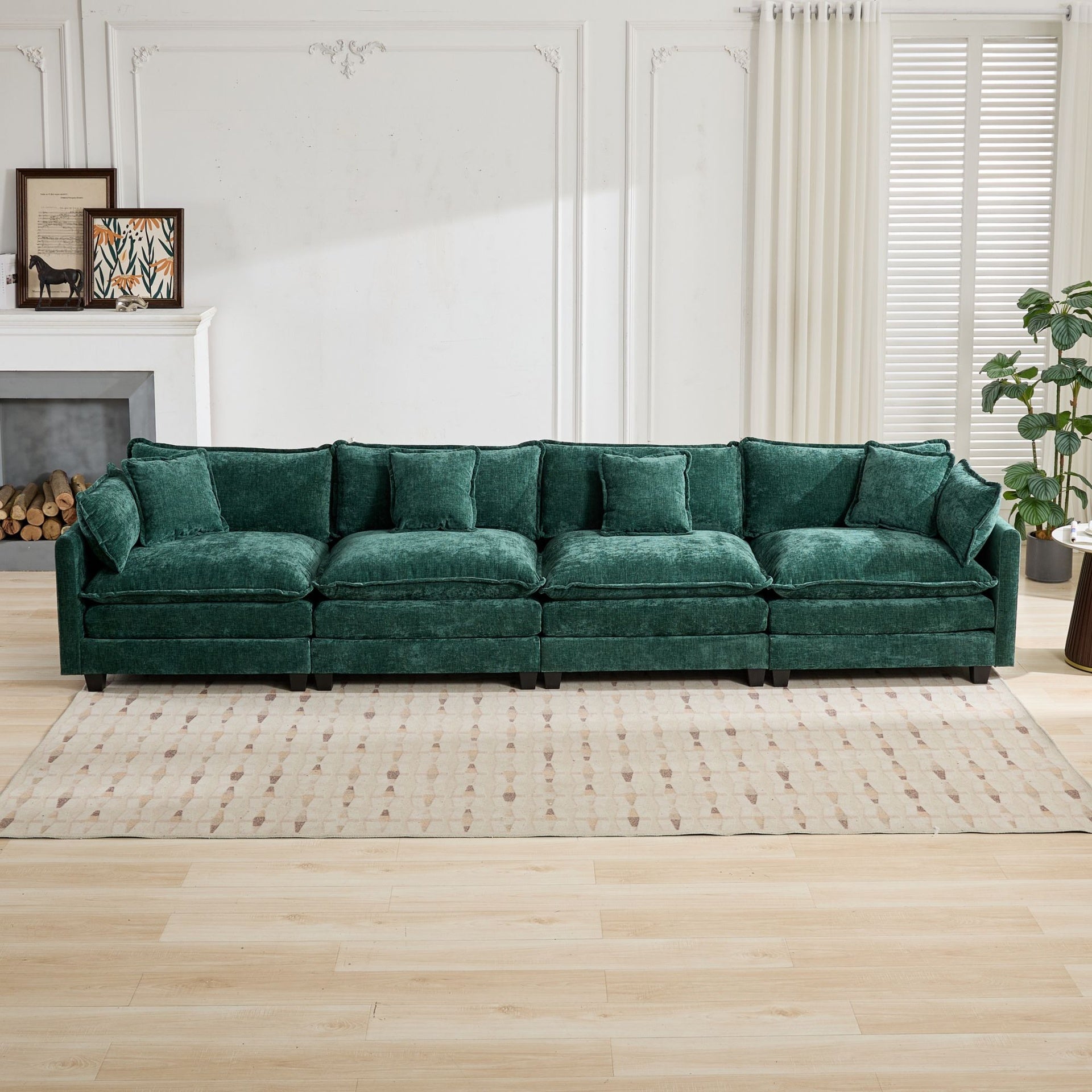 Cloud Sofa 4 Seats (Ottoman is not included), Modern Sectional Couch, for Living Room Bedroom and Apartment, Comfy Double Layer Upholstered Seat Cushion, Breathable Chenille Fabric, Green,SW5014GN