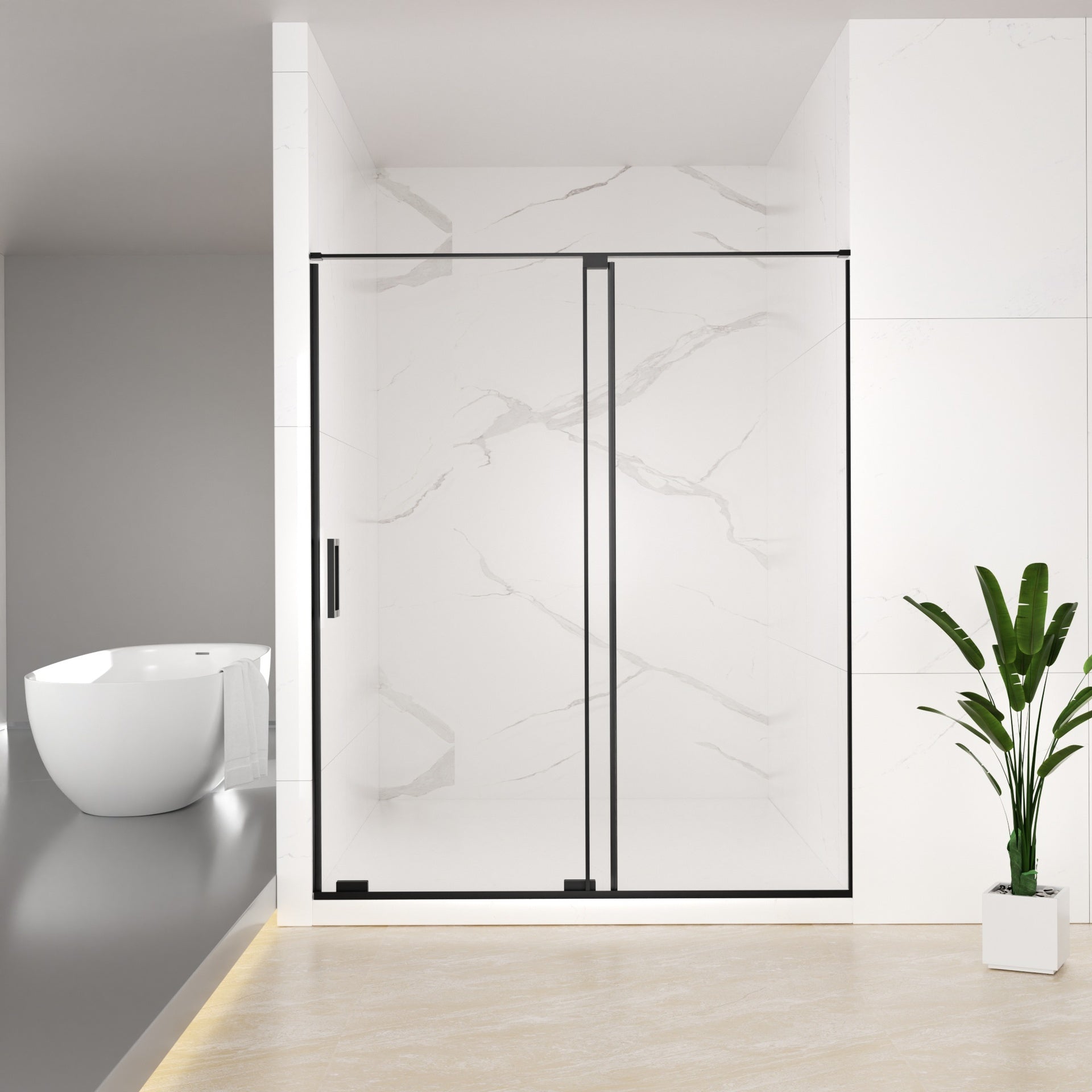 56-60" W x 72" H Semi-Frameless Sliding Shower Door, 5/16"(8mm) Clear SCGG Tempered Glass, Matte Black Finish, Cut Adjustable Width 4"